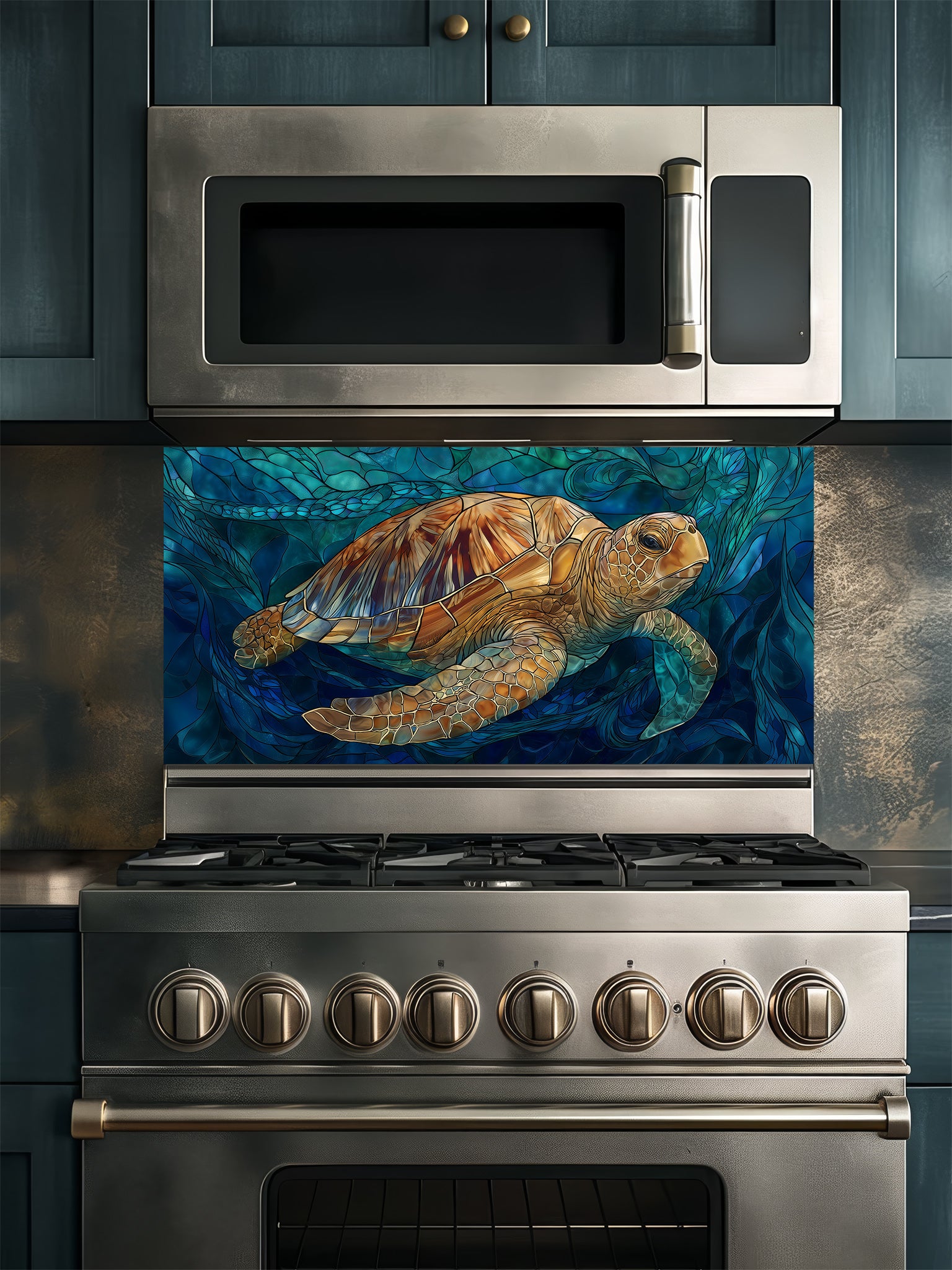 Tempered glass kitchen backsplash featuring a highly realistic 3D illusion of stained glass art showing a majestic sea turtle swimming through deep blue ocean flora and waves, installed behind a modern stainless steel stove.