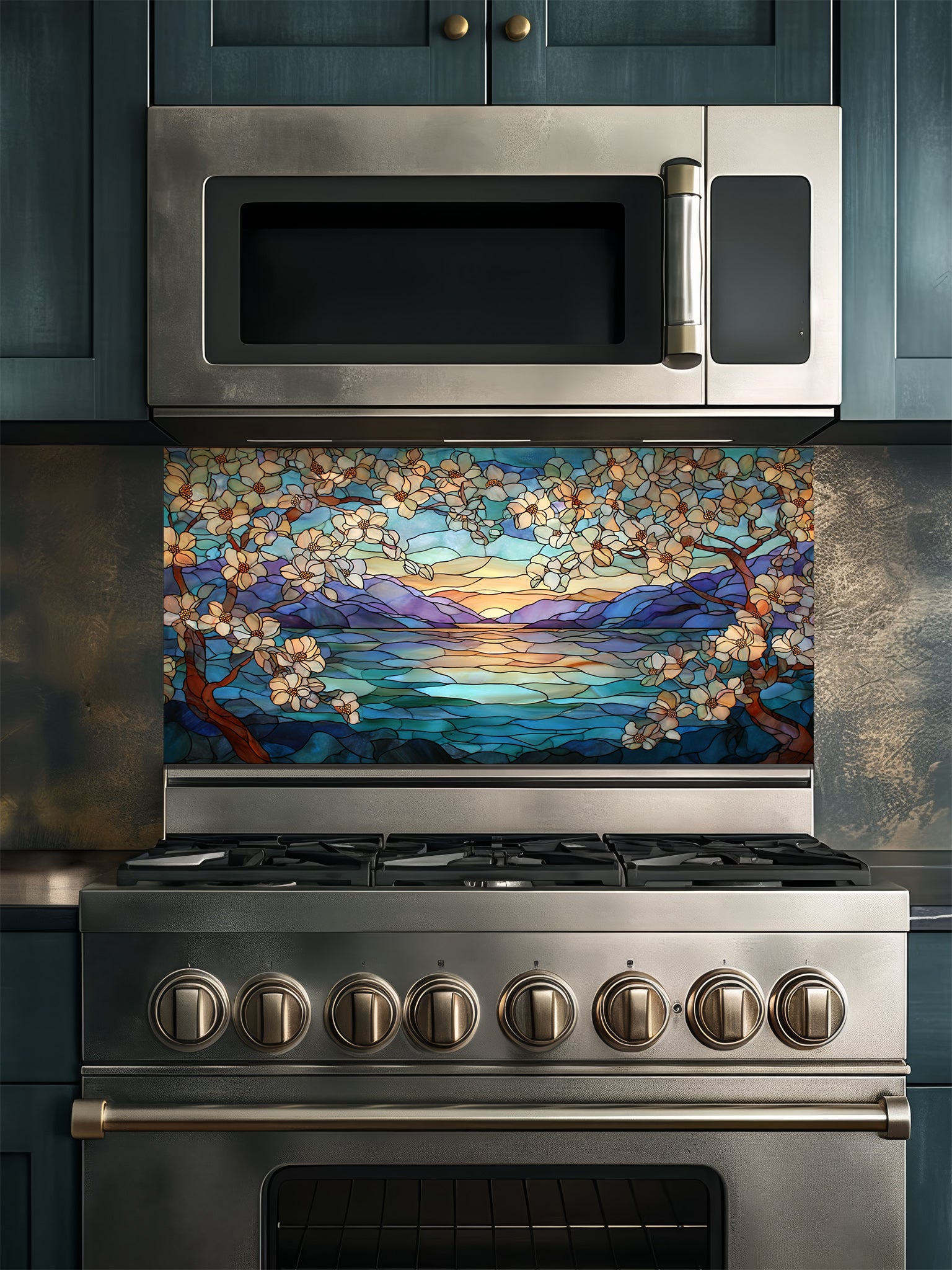 Stainless steel oven with decorative glass splashback featuring a scenic design.