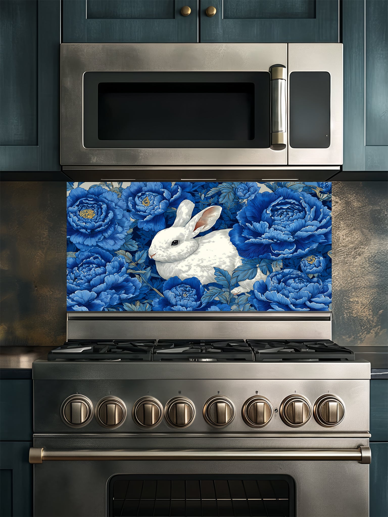 Vintage style illustration of a white rabbit sitting among large deep blue peony flowers, UV printed on a smooth tempered glass kitchen backsplash, installed behind a modern stove.