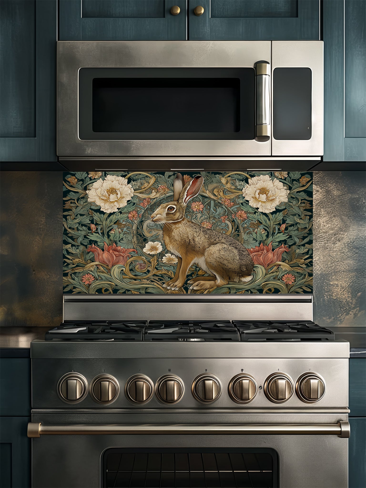 A cozy kitchen featuring a tempered glass backsplash with a vintage botanical illustration of a brown hare surrounded by moody, tapestry-style florals, installed behind a modern stainless steel stove.