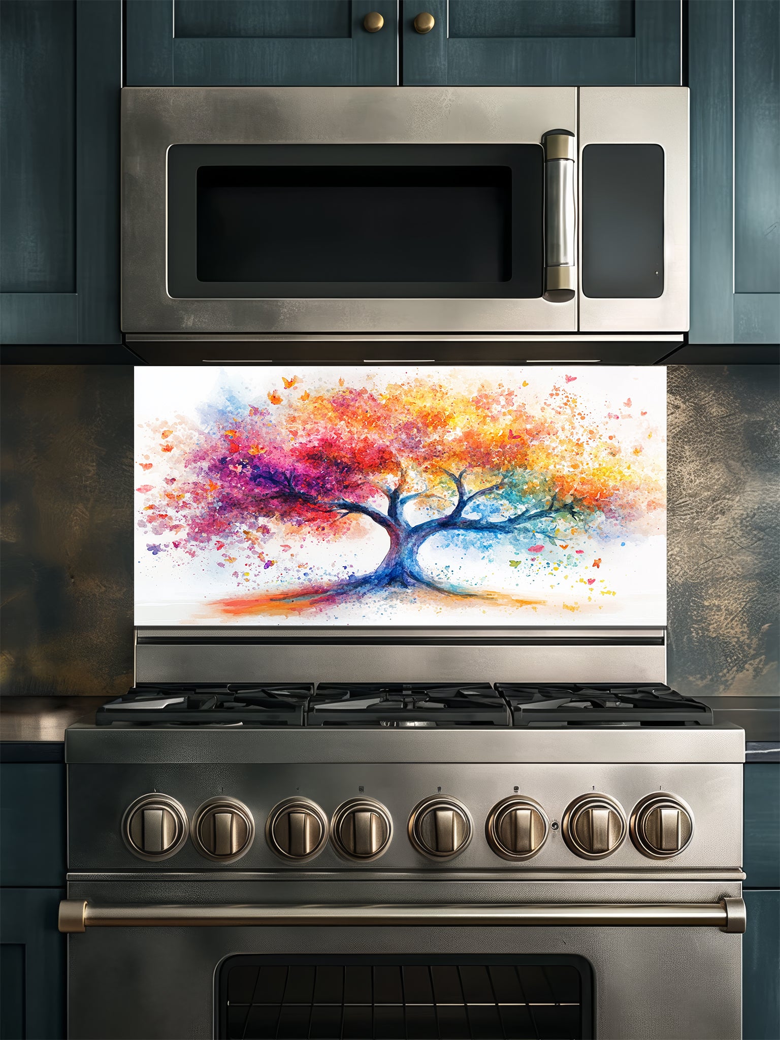 Vibrant watercolor style Tree of Life with colorful paint splatters in rainbow hues, UV printed on a smooth tempered glass kitchen backsplash.