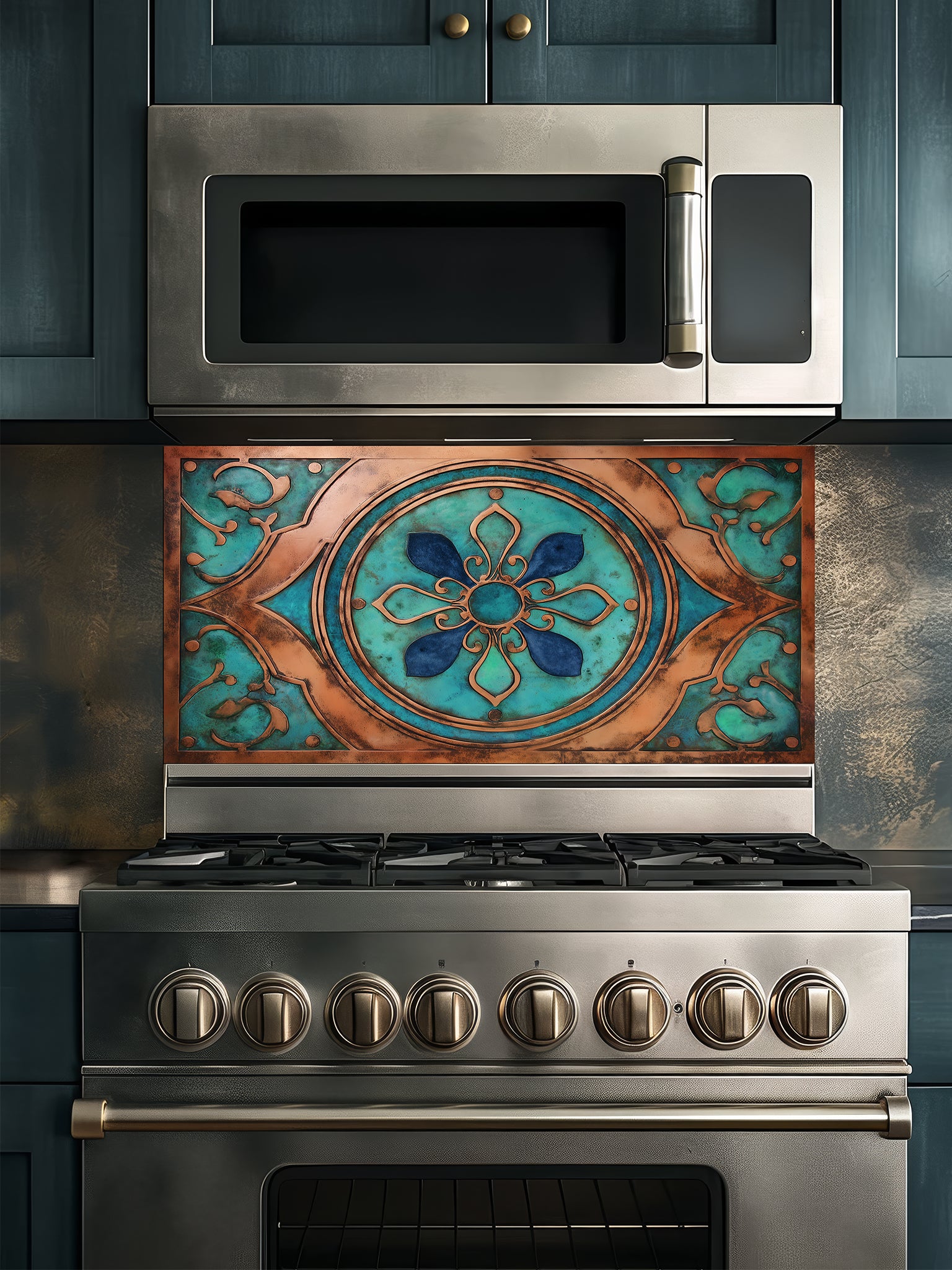 Tempered glass kitchen backsplash featuring a highly realistic 3D faux metal design of an ornate Moroccan floral mandala in oxidized copper with rich teal patina accents, installed behind a modern stainless steel stove.