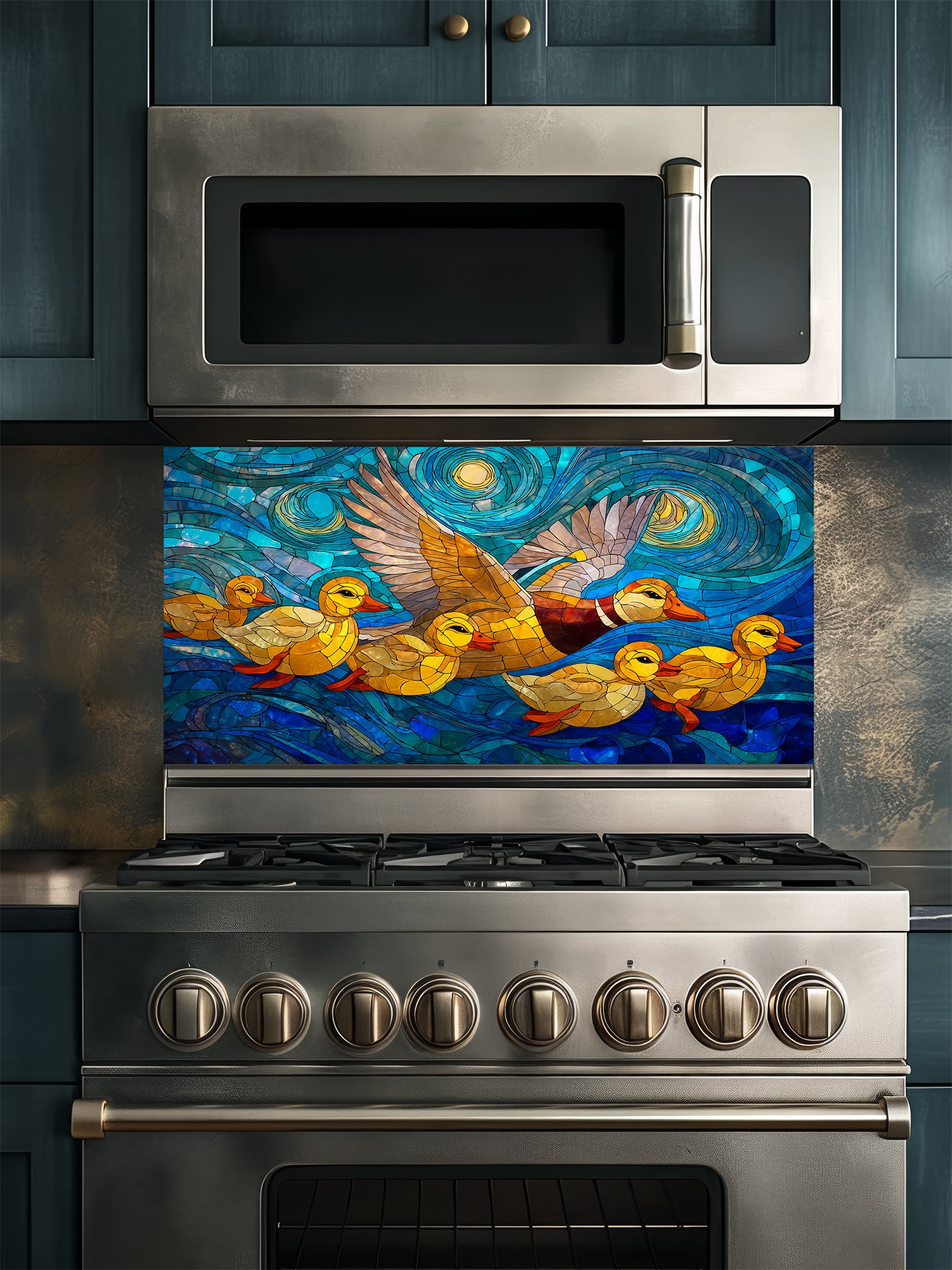 Stained glass style family of ducks flying and swimming in a swirling blue starry night sky, UV printed on a smooth tempered glass kitchen backsplash, installed behind a modern stove.