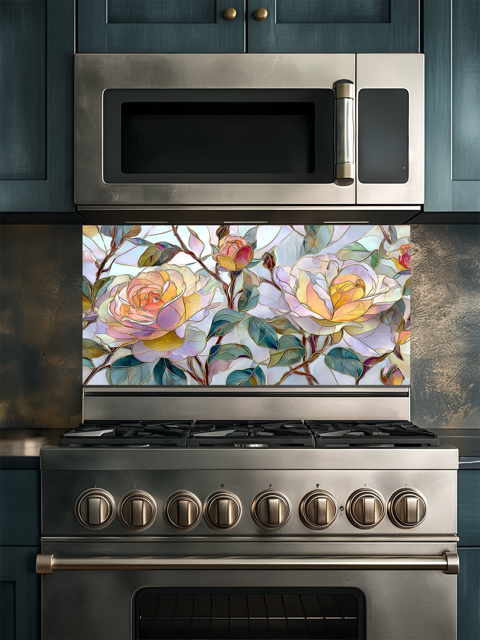 Tempered glass kitchen backsplash featuring a highly realistic 3D illusion of stained glass and watercolor art showing large, delicate blooming roses in pastel yellow, peach, and blush pink with teal green leaves, installed behind a modern black stove.