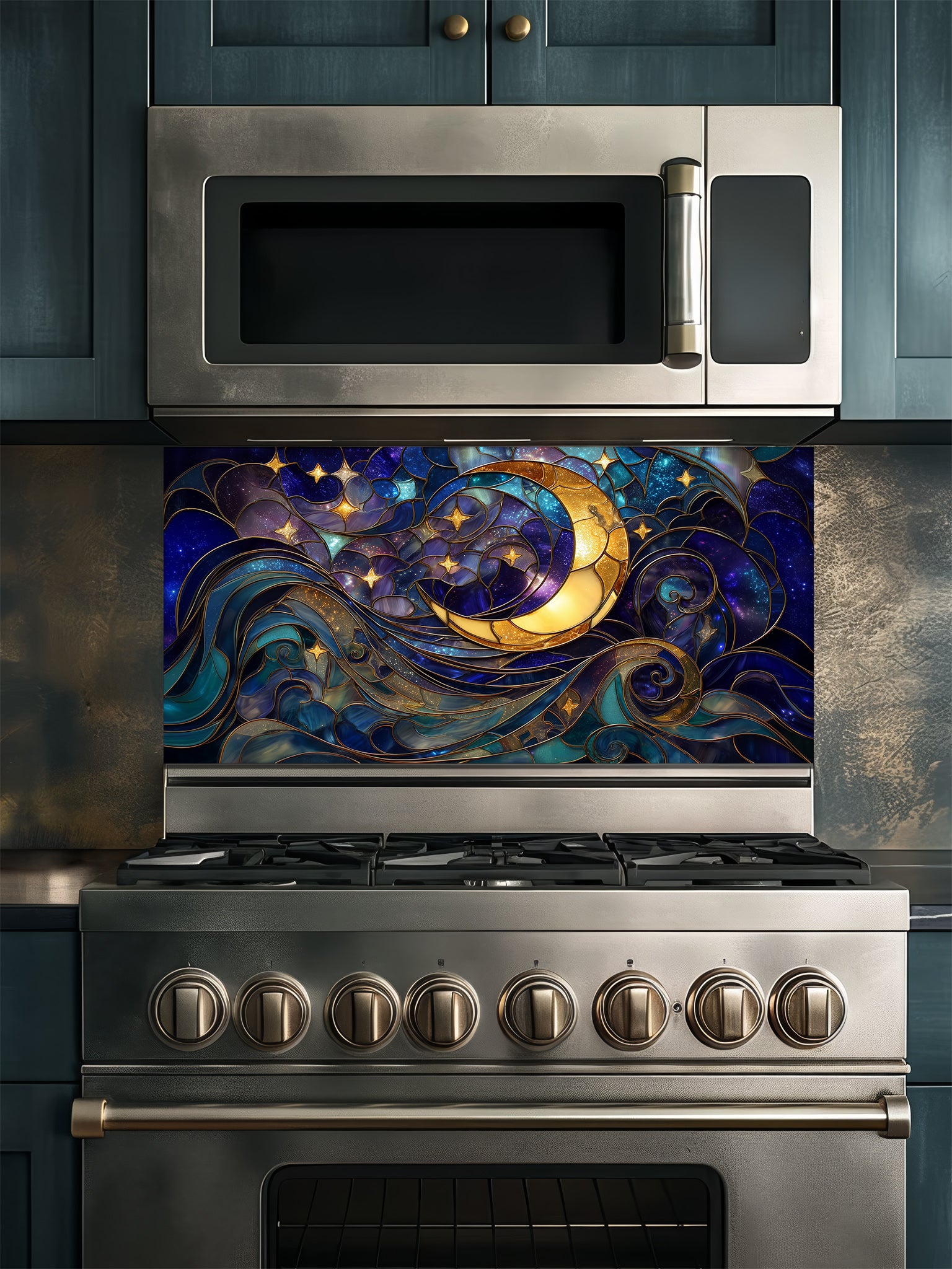 Tempered glass kitchen backsplash featuring a highly realistic 3D illusion of stained glass art showing a glowing golden crescent moon and stars swirling in a deep blue night sky, installed behind a modern stainless steel stove.