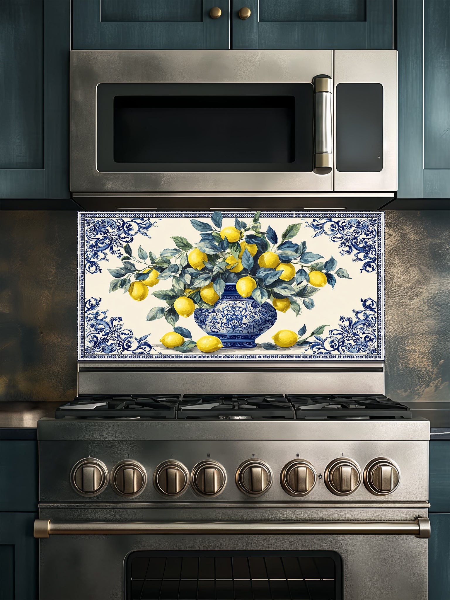Stainless steel oven with decorative glass backsplash featuring lemons and a vase.