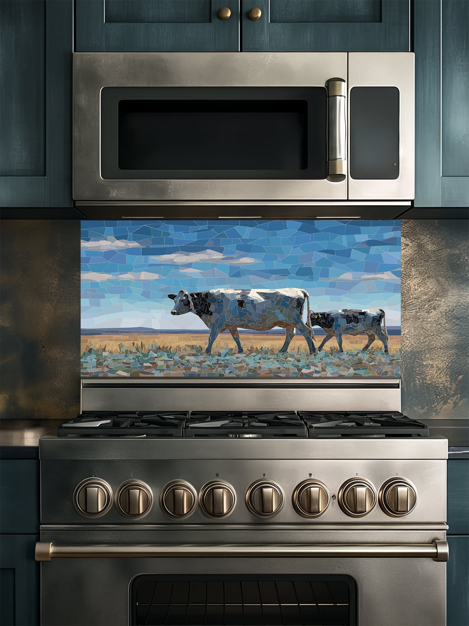 Faux mosaic tile art of a cow and calf in a pasture under a blue sky, UV printed on a smooth tempered glass kitchen backsplash, installed behind a modern stove.