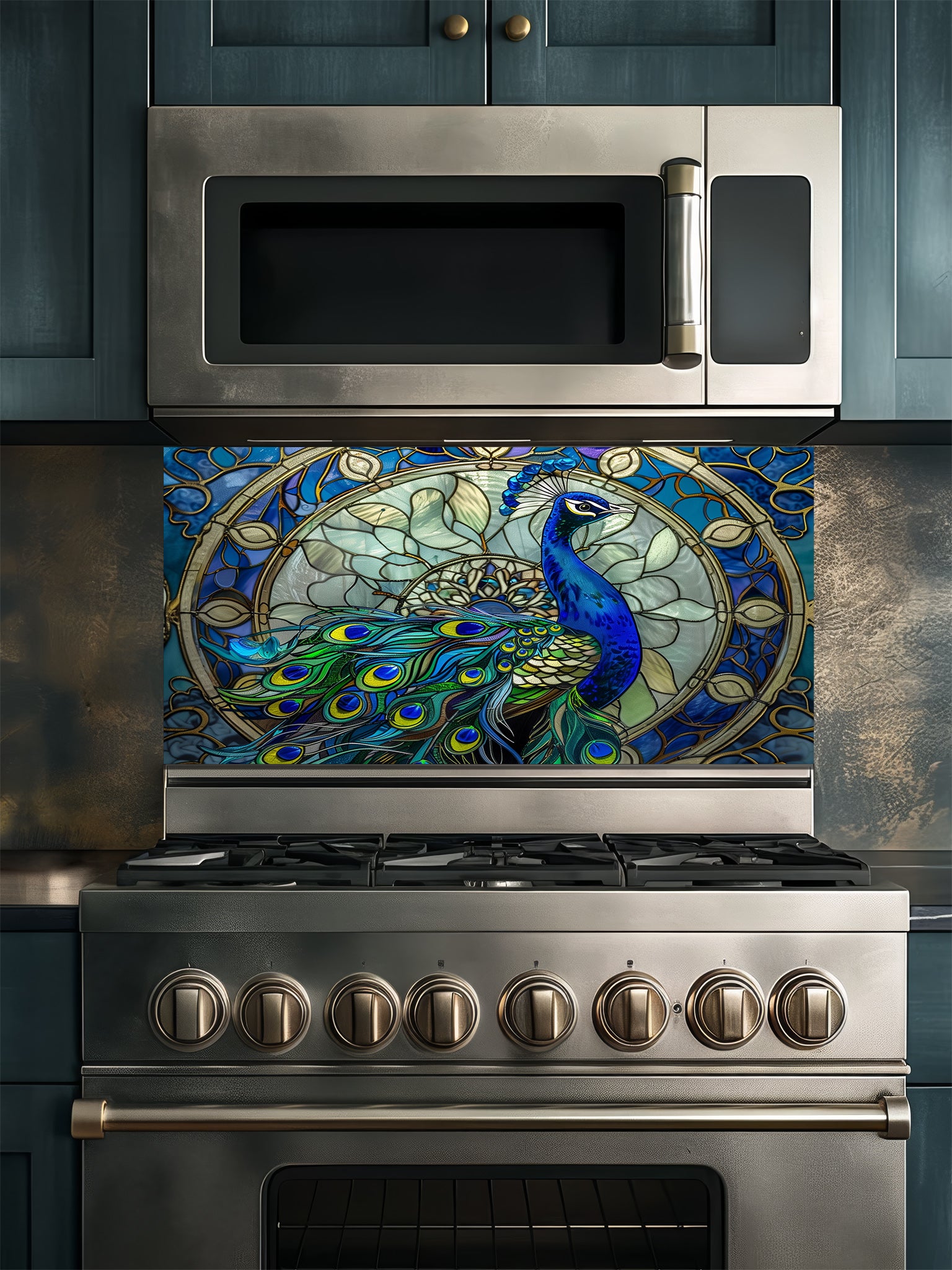 Tempered glass kitchen backsplash featuring a highly realistic 3D illusion of Art Nouveau stained glass showing a majestic royal blue peacock against an intricate circular mandala background with gold outlines, installed behind a modern stainless steel stove.