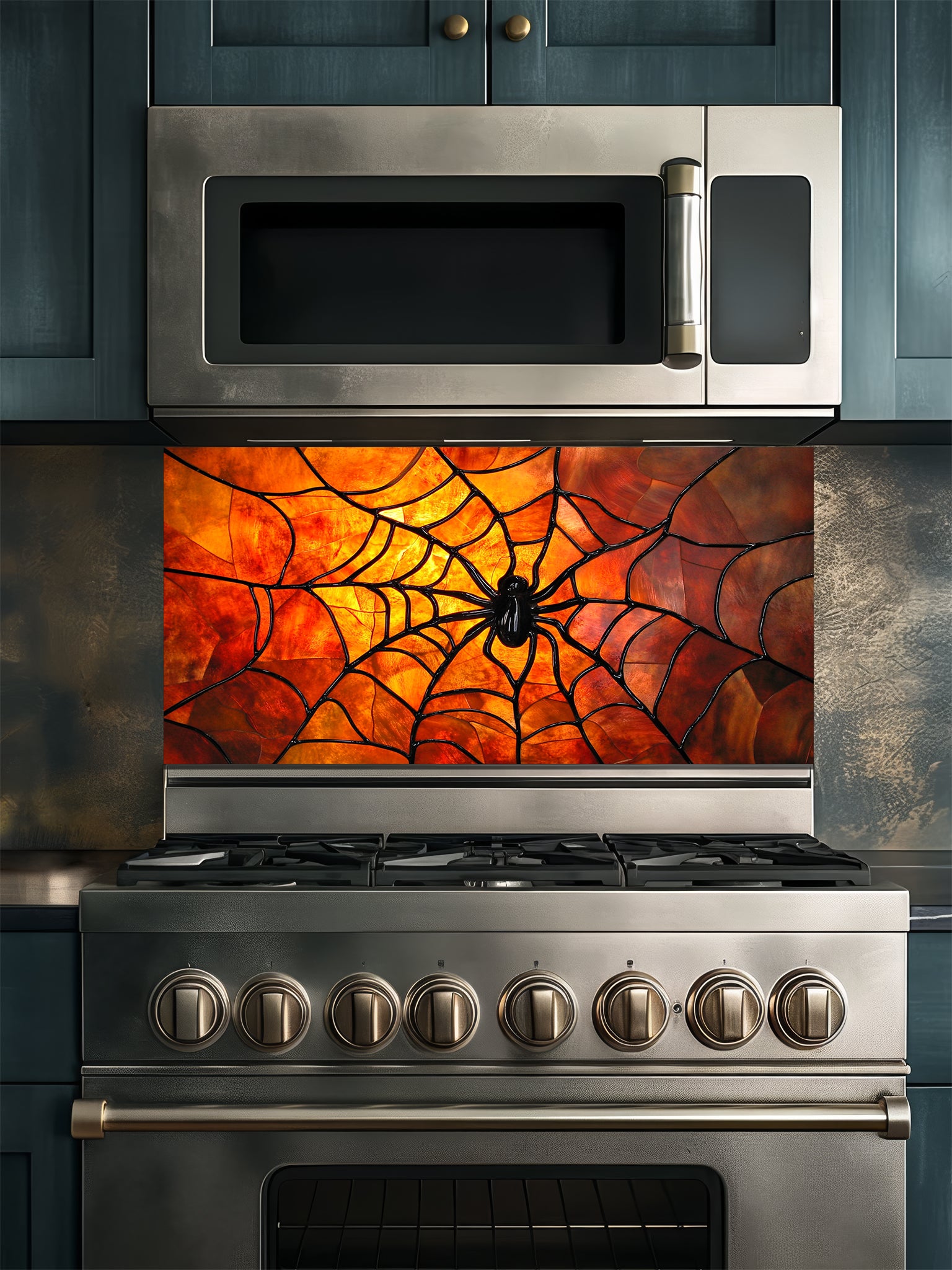 Tempered glass kitchen backsplash featuring a highly realistic 3D illusion of stained glass art showing a black spider in the center of a glowing amber and orange spider web, installed behind a modern black stove.