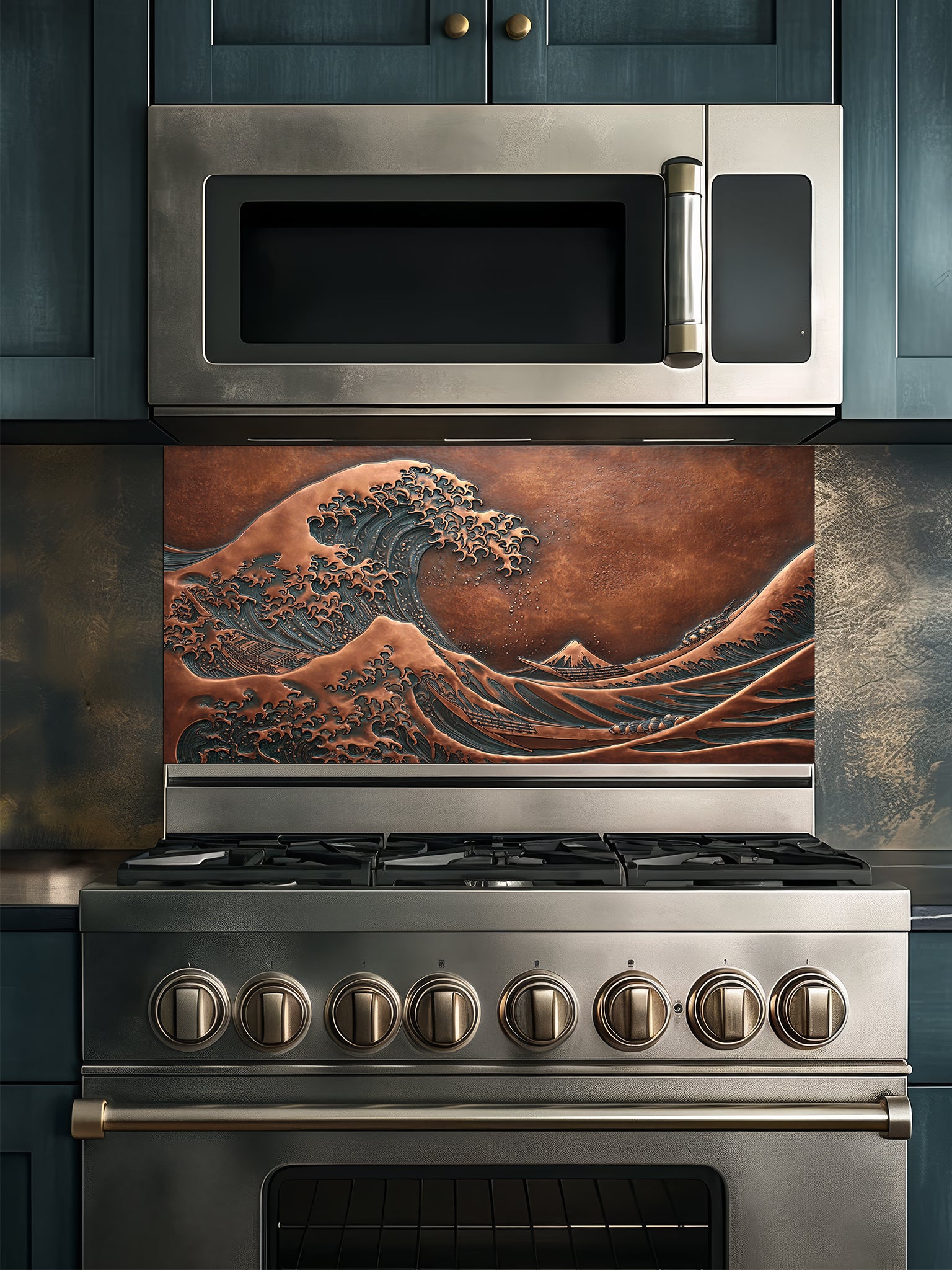 Tempered glass kitchen backsplash featuring a highly realistic 3D faux copper metal relief design of the iconic Great Wave off Kanagawa and Mount Fuji, installed behind a modern stainless steel stove.