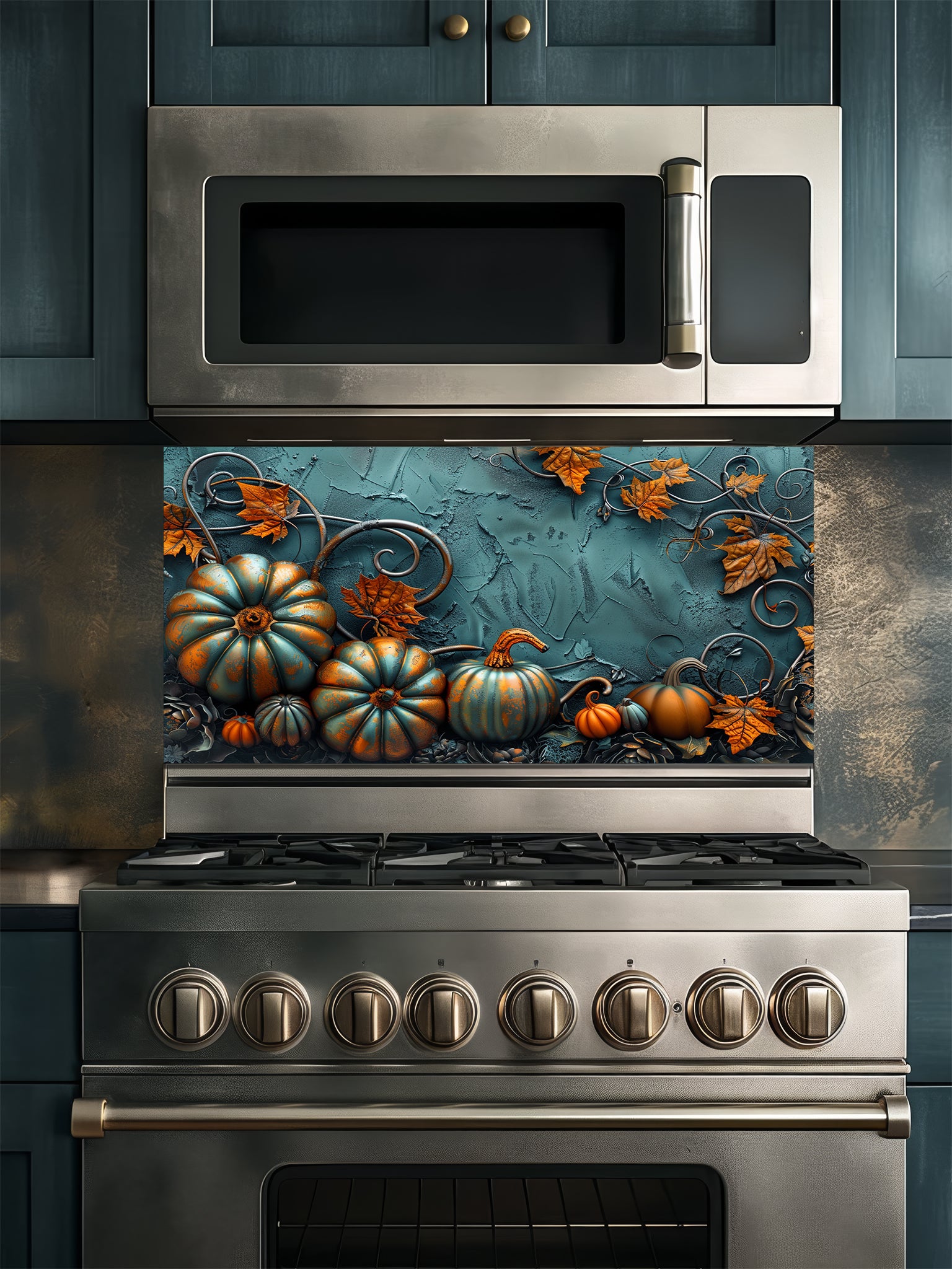 Tempered glass kitchen backsplash featuring a highly realistic 3D illusion of embossed teal and orange pumpkins surrounded by whimsical copper vines and autumn leaves against a textured dark teal background, installed behind a modern black stove.