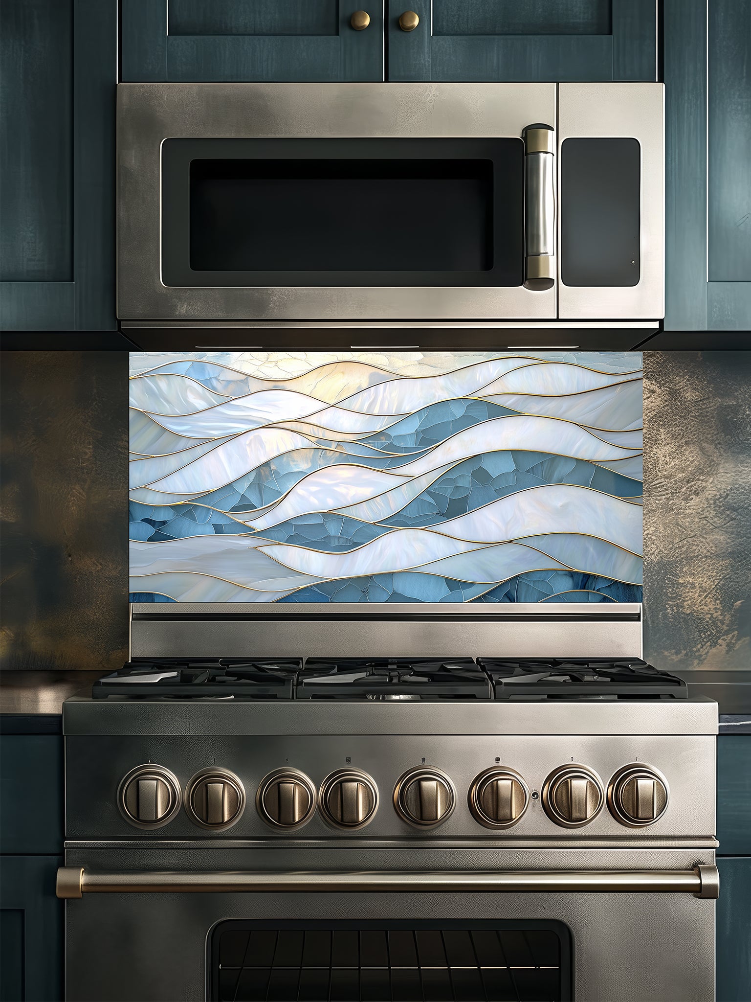 Tempered glass kitchen backsplash featuring a serene faux stained glass design of layered, flowing waves in icy blue and pearlescent white, separated by elegant gold outlines, installed behind a modern stainless steel stove.