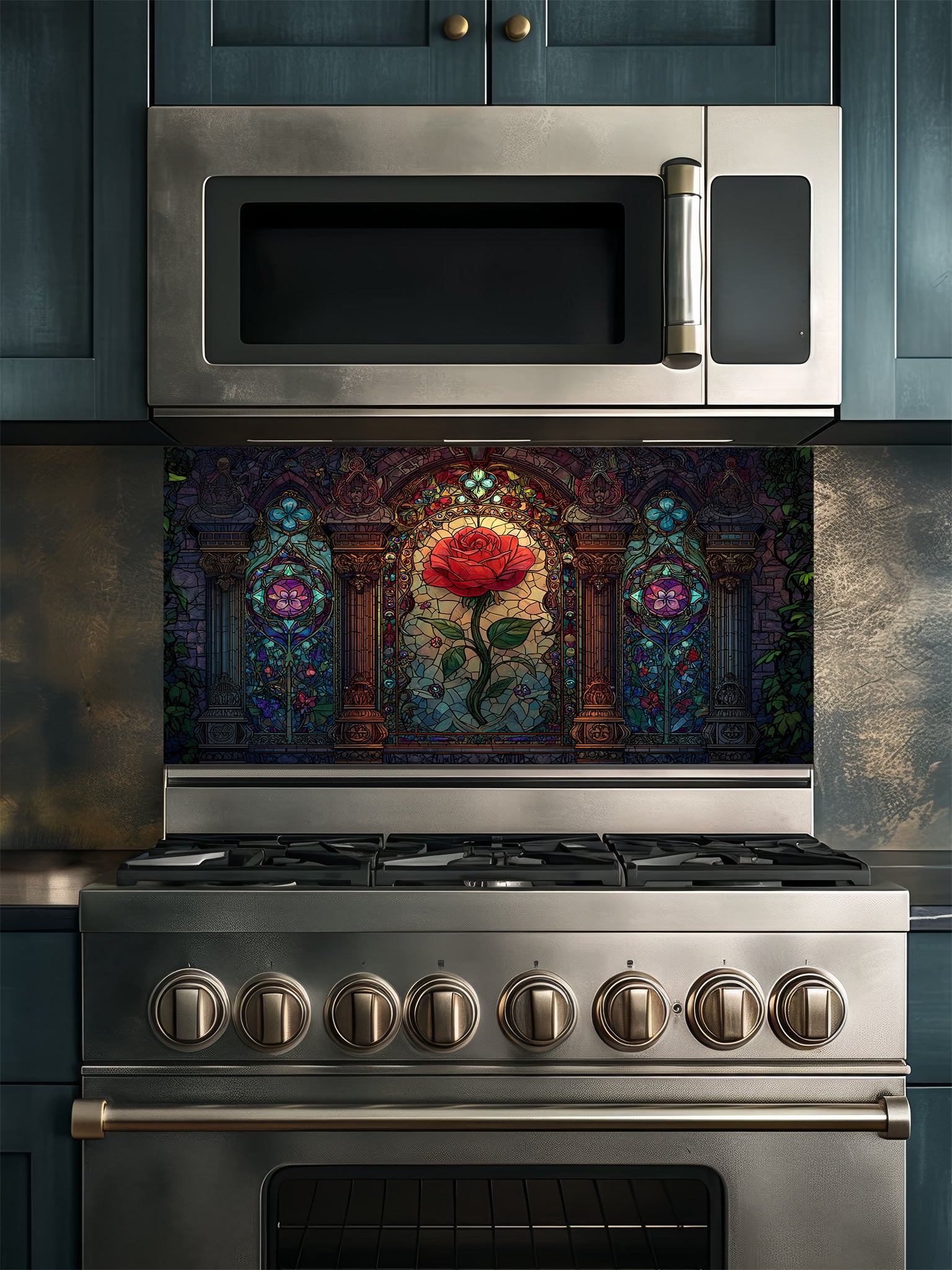 Stained glass style vibrant red rose framed by Gothic architectural arches in rich jewel tones, UV printed on a smooth tempered glass kitchen backsplash, installed behind a modern stove.
