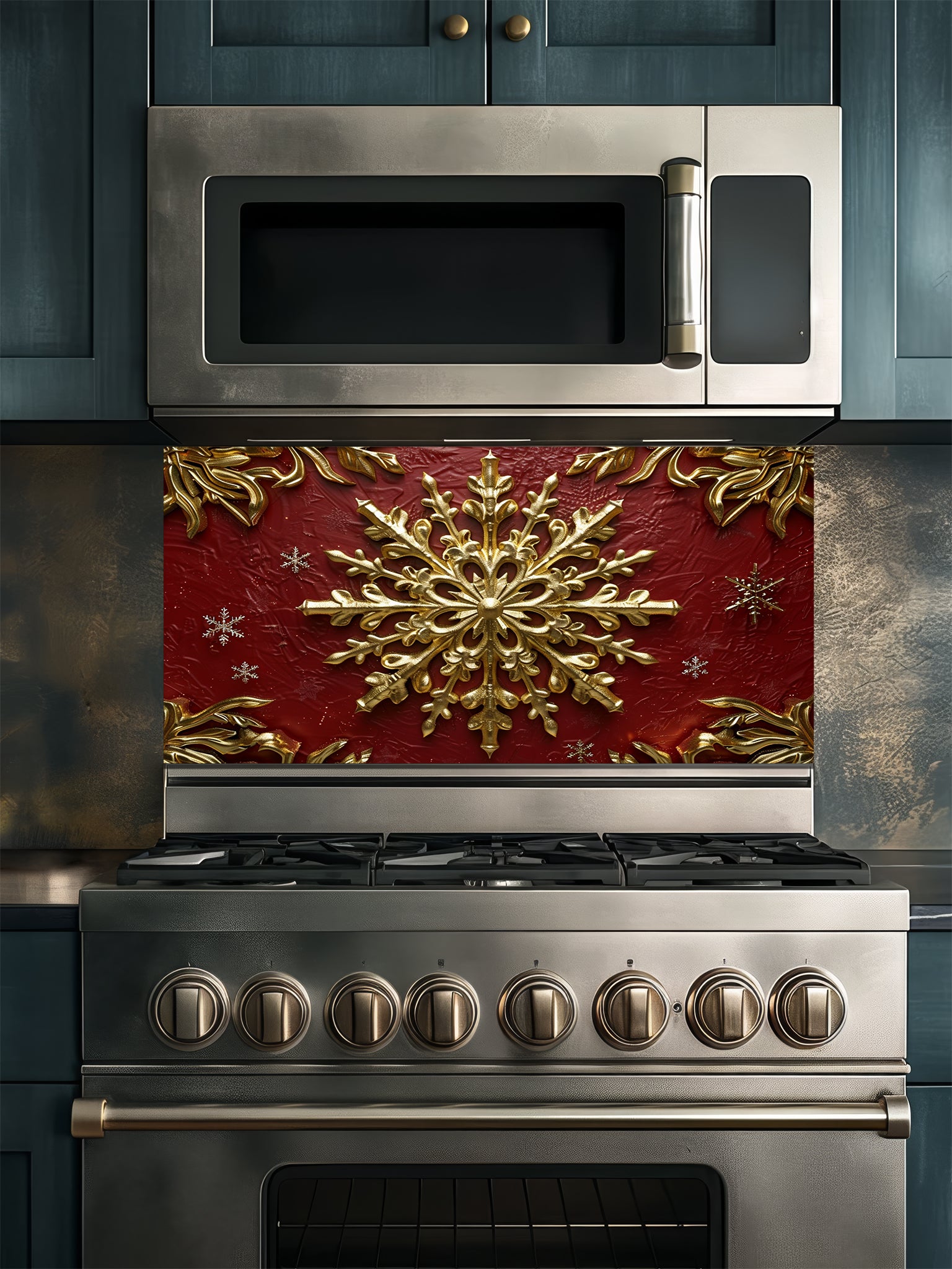 Tempered glass kitchen backsplash featuring a highly realistic 3D illusion of an ornate, embossed gold snowflake surrounded by smaller snowflakes and elegant golden corner flourishes against a rich, textured burgundy red background, installed behind a modern black stove.