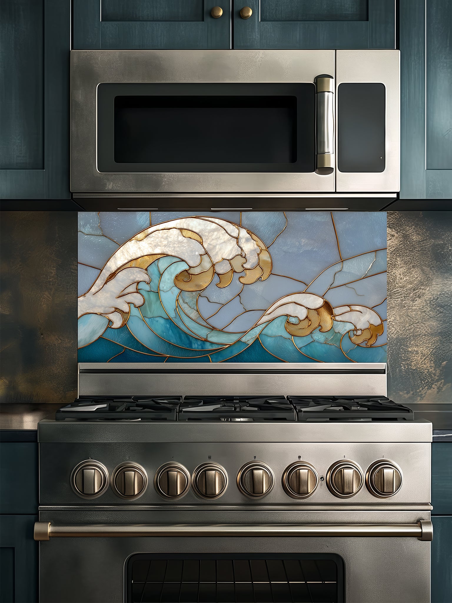 Tempered glass kitchen backsplash featuring a dramatic crashing ocean wave design in faux stained glass with deep blue water, white foam crests, and elegant gold outlines, installed behind a modern stainless steel stove.
