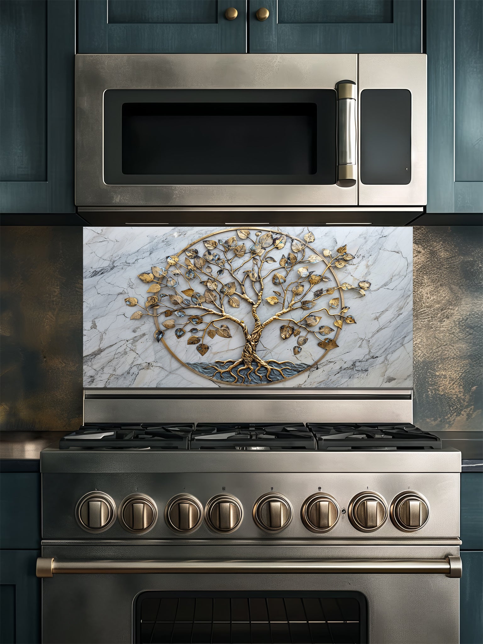 Faux 3D effect gold metal Tree of Life sculpture on an elegant white marble background, UV printed on a smooth tempered glass kitchen backsplash, installed behind a modern stove.
