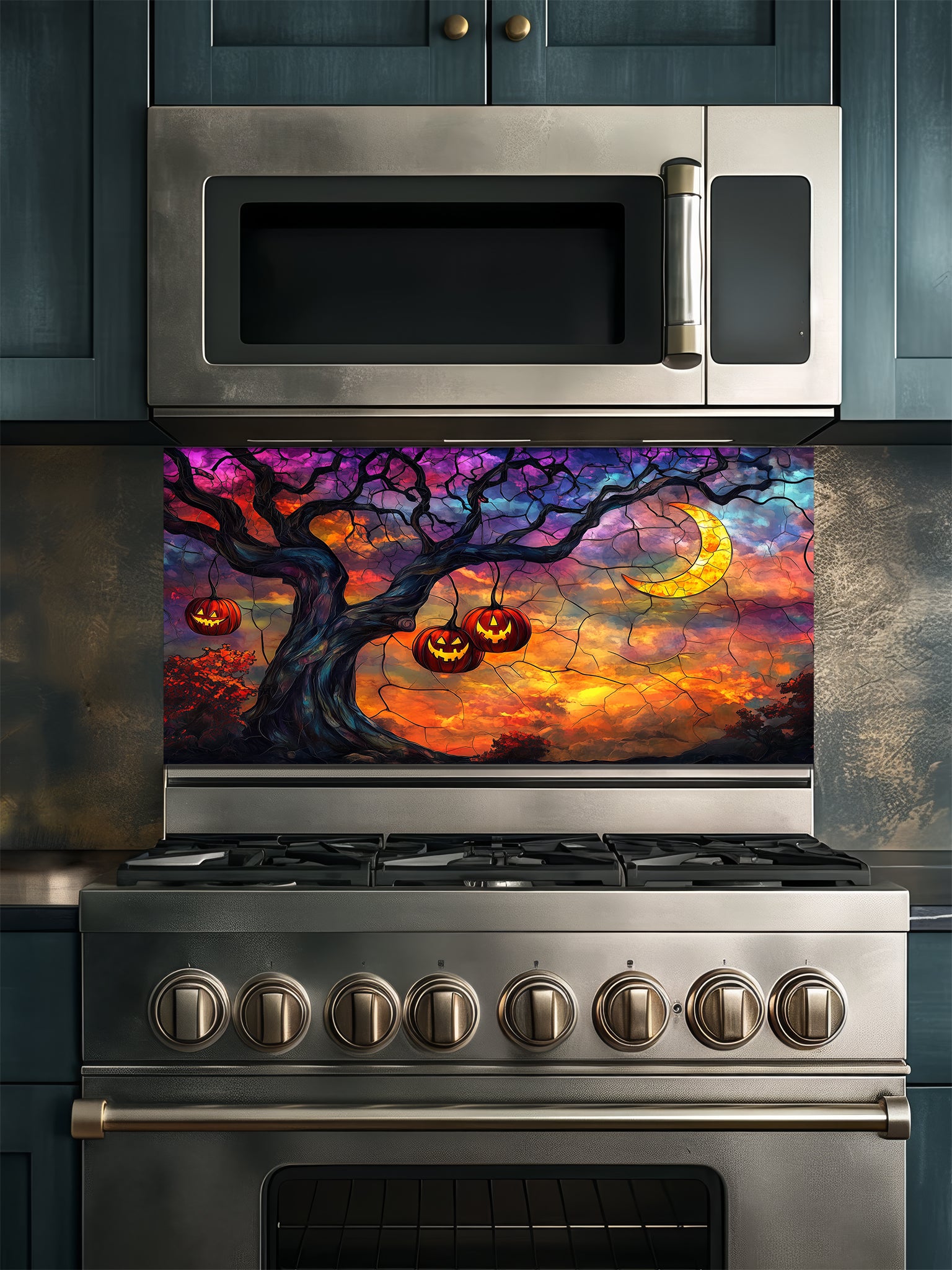 Stainless steel oven with a colorful Halloween-themed glass splashback