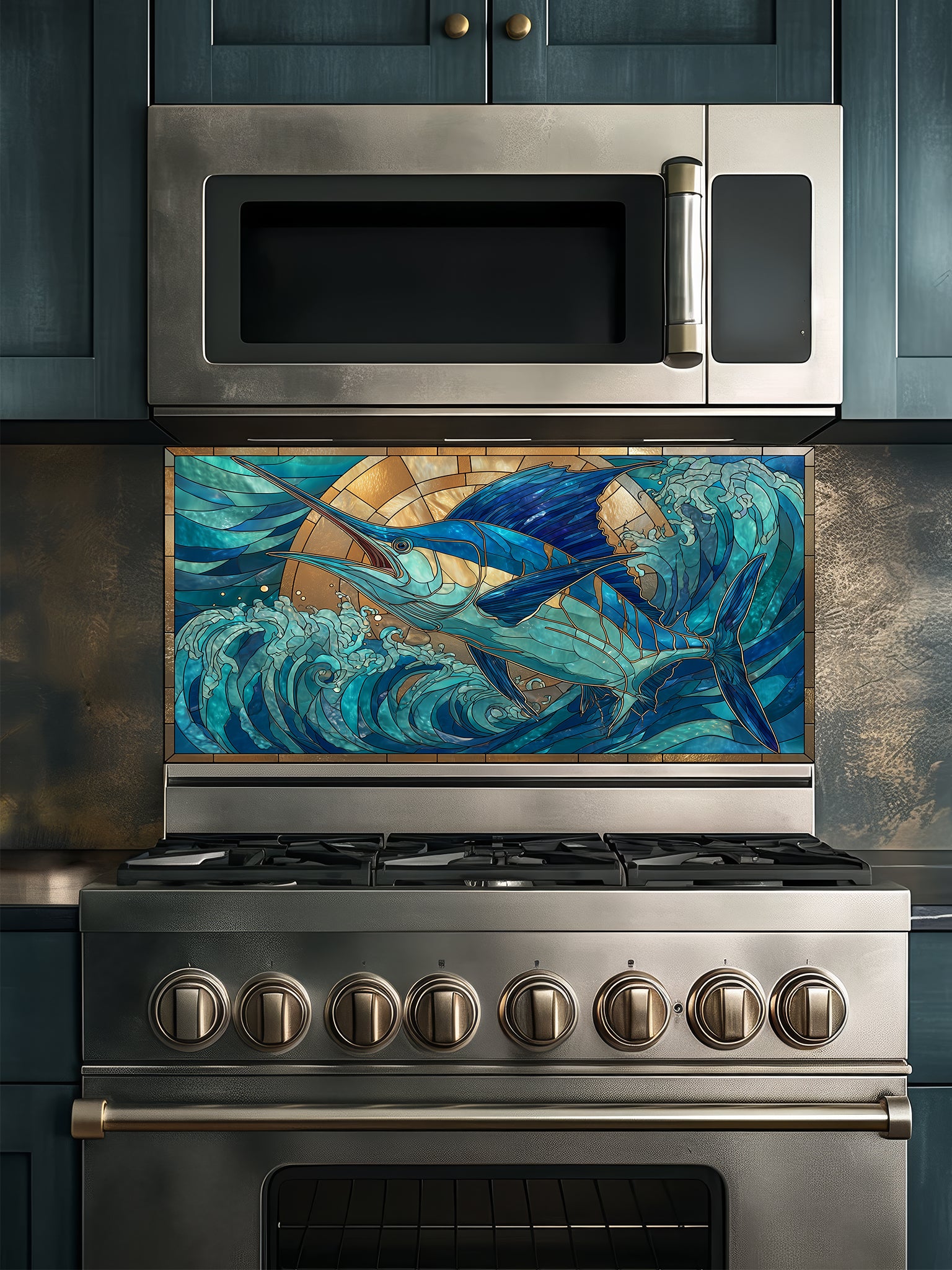 Tempered glass kitchen backsplash featuring a vibrant faux stained glass design of a majestic blue marlin leaping out of teal ocean waves against a glowing golden sunburst background, installed behind a modern stainless steel stove.