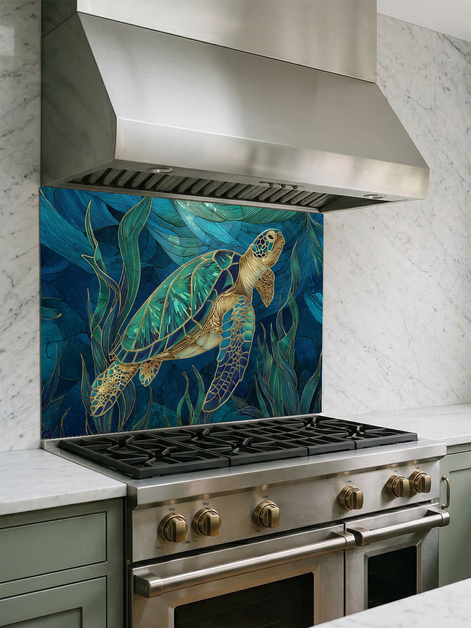 Tempered glass kitchen backsplash featuring an elegant stained glass style sea turtle swimming in deep blue ocean water, installed behind a modern stainless steel stove.
