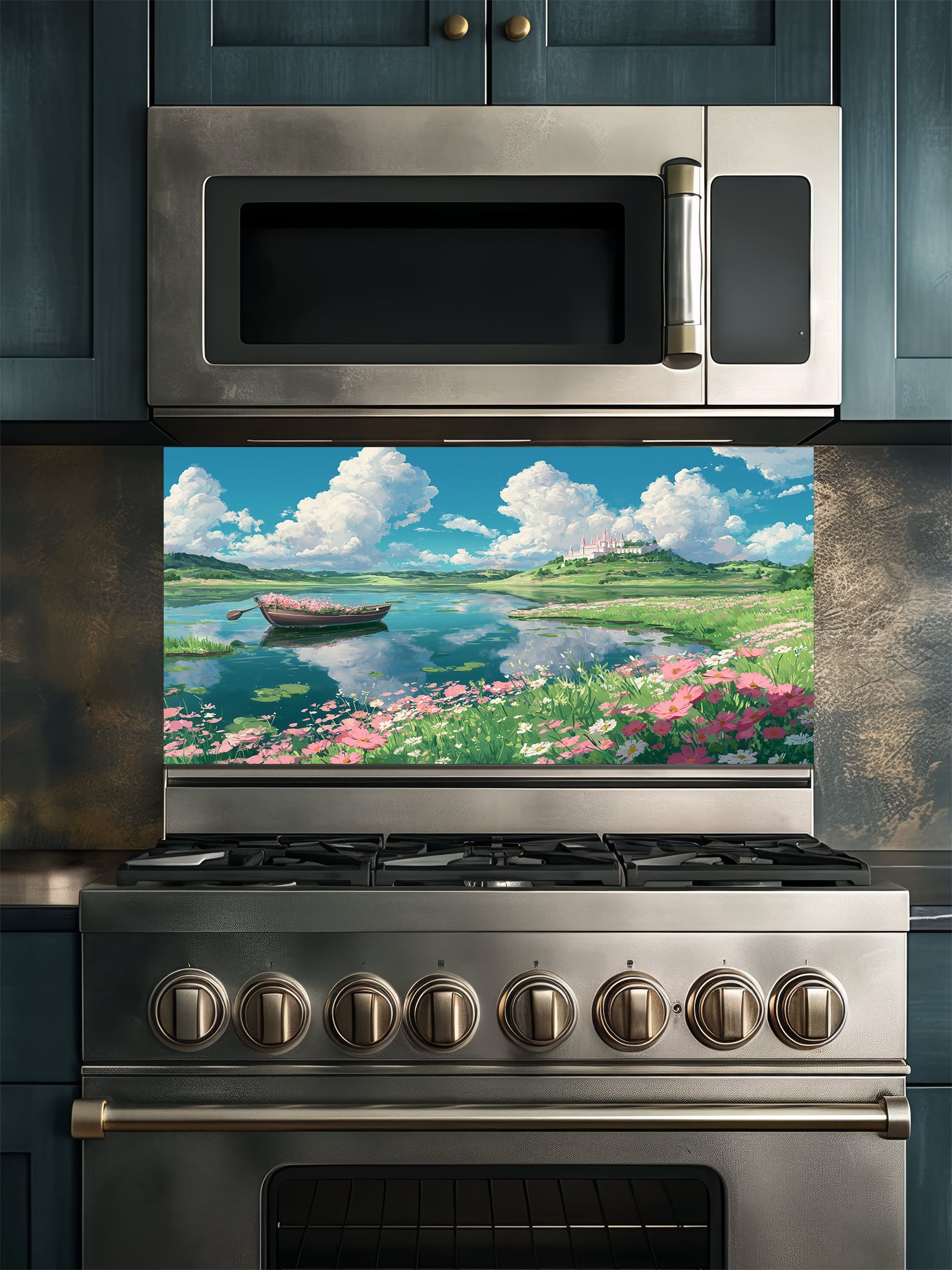 Anime style vibrant summer landscape with fluffy white clouds, a blue lake, a flower-filled boat, and pink cosmos flowers, UV printed on a smooth tempered glass kitchen backsplash.