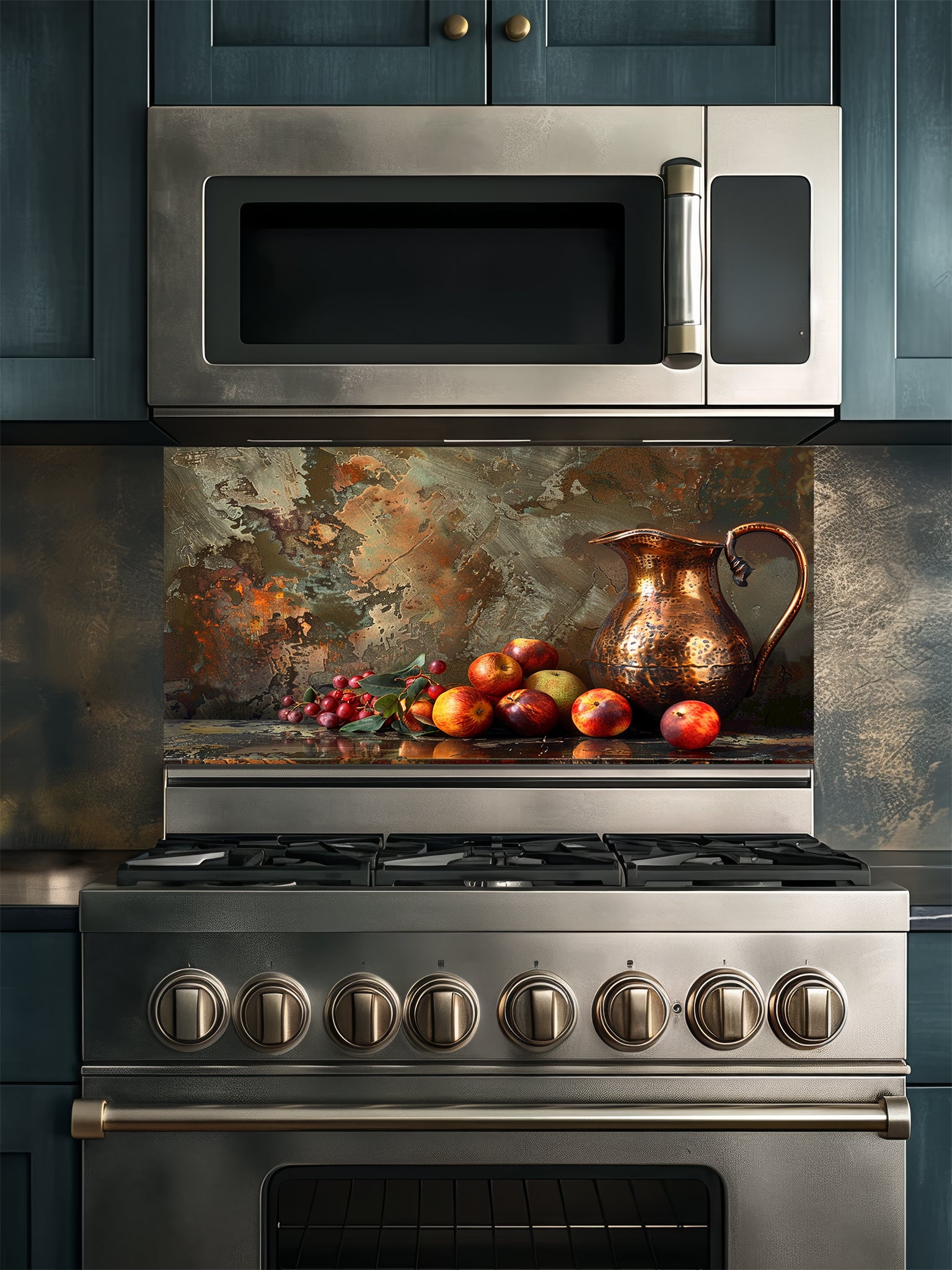 Rustic still life painting of a hammered copper pitcher and fresh fruits against a textured patina metal background, UV printed on a smooth tempered glass kitchen backsplash.