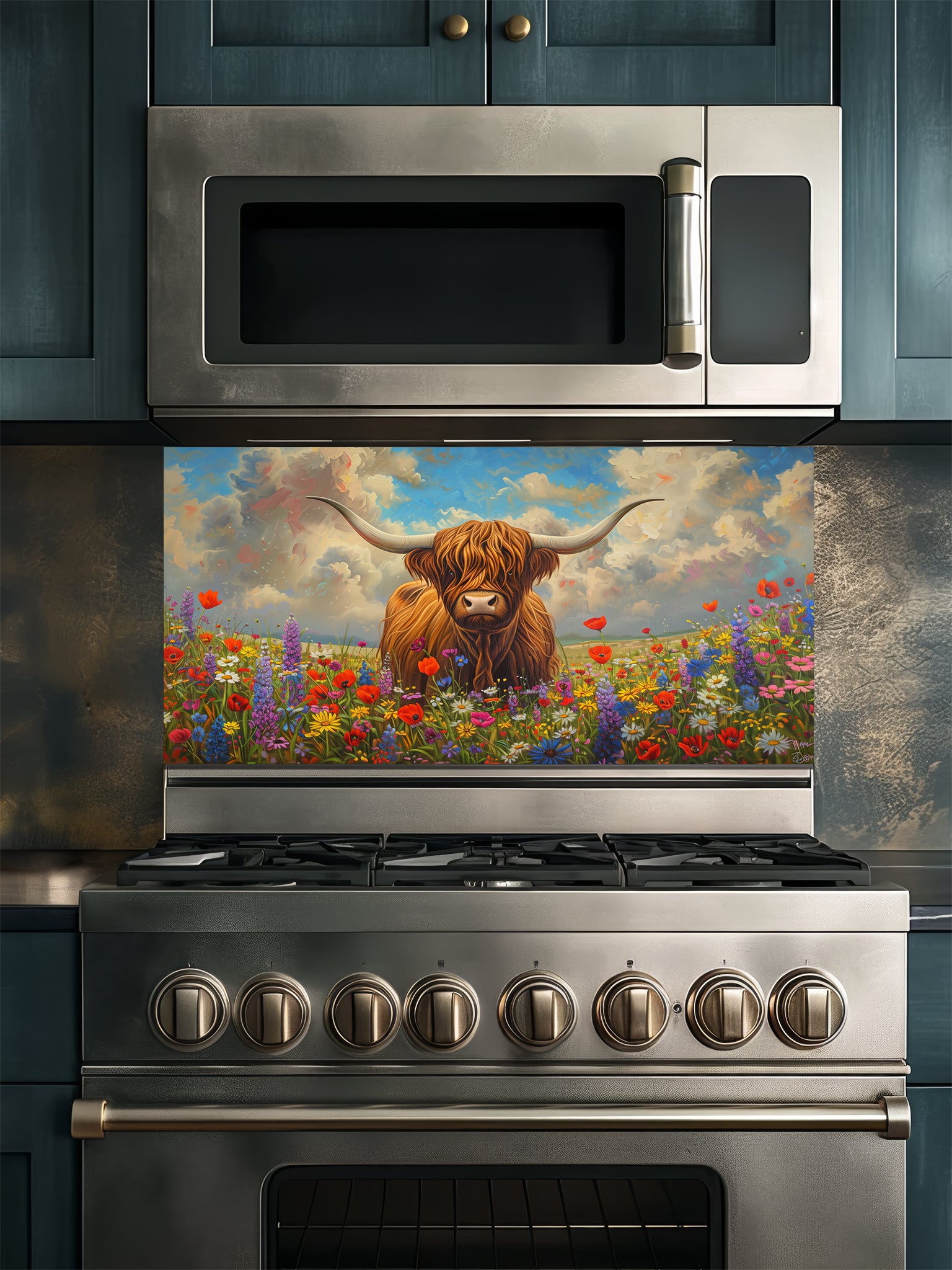 Tempered glass kitchen backsplash featuring a highly realistic 3D illusion of an oil painting showing a majestic brown Highland cow standing in a vibrant meadow of red, purple, and yellow wildflowers under a cloudy sky, installed behind a modern black stove.