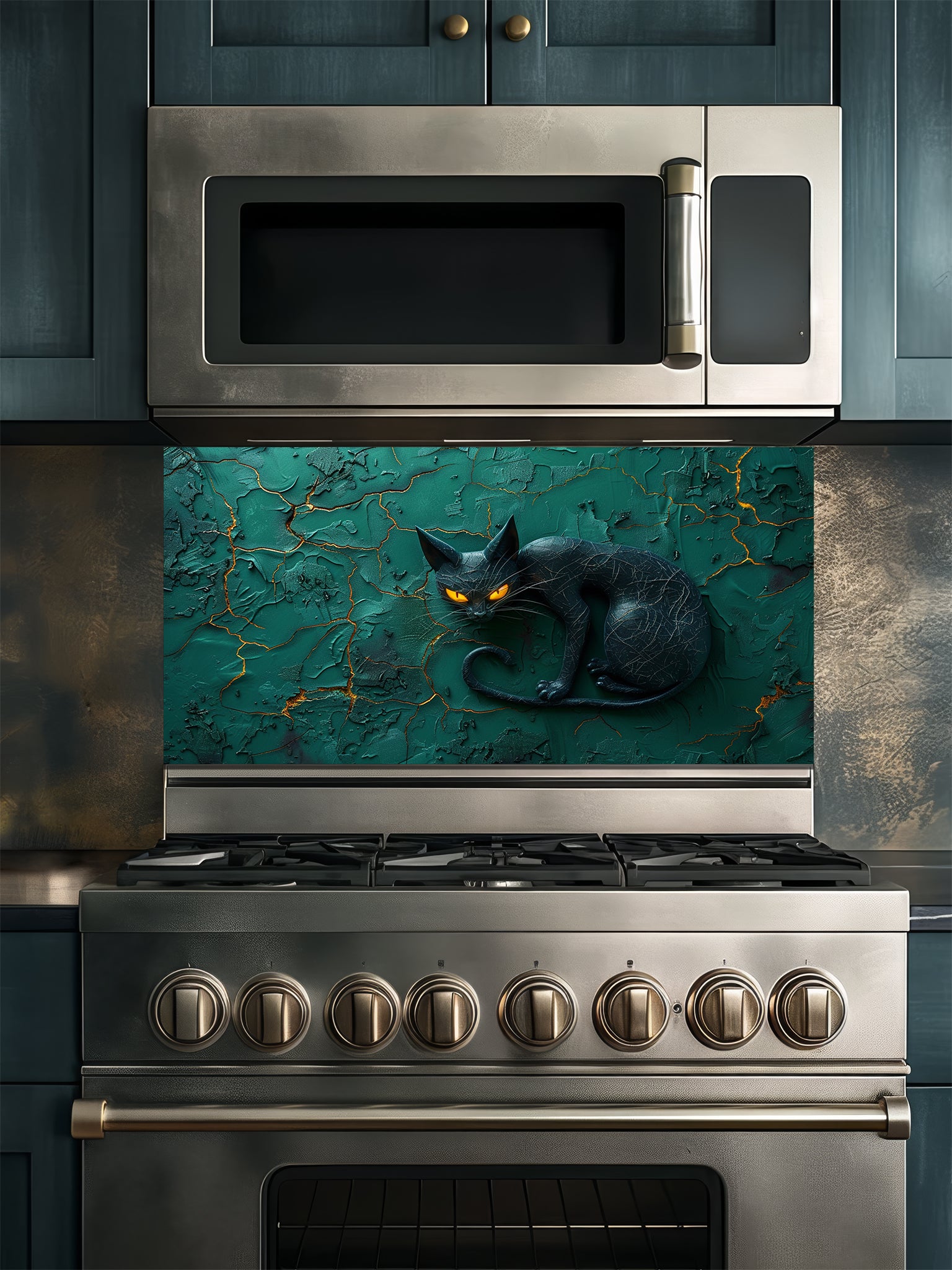 Tempered glass kitchen backsplash featuring a highly realistic 3D illusion of a sleek sculpted black cat with glowing orange eyes resting against a heavily textured emerald green plaster wall with golden kintsugi cracks, installed behind a modern black stove.