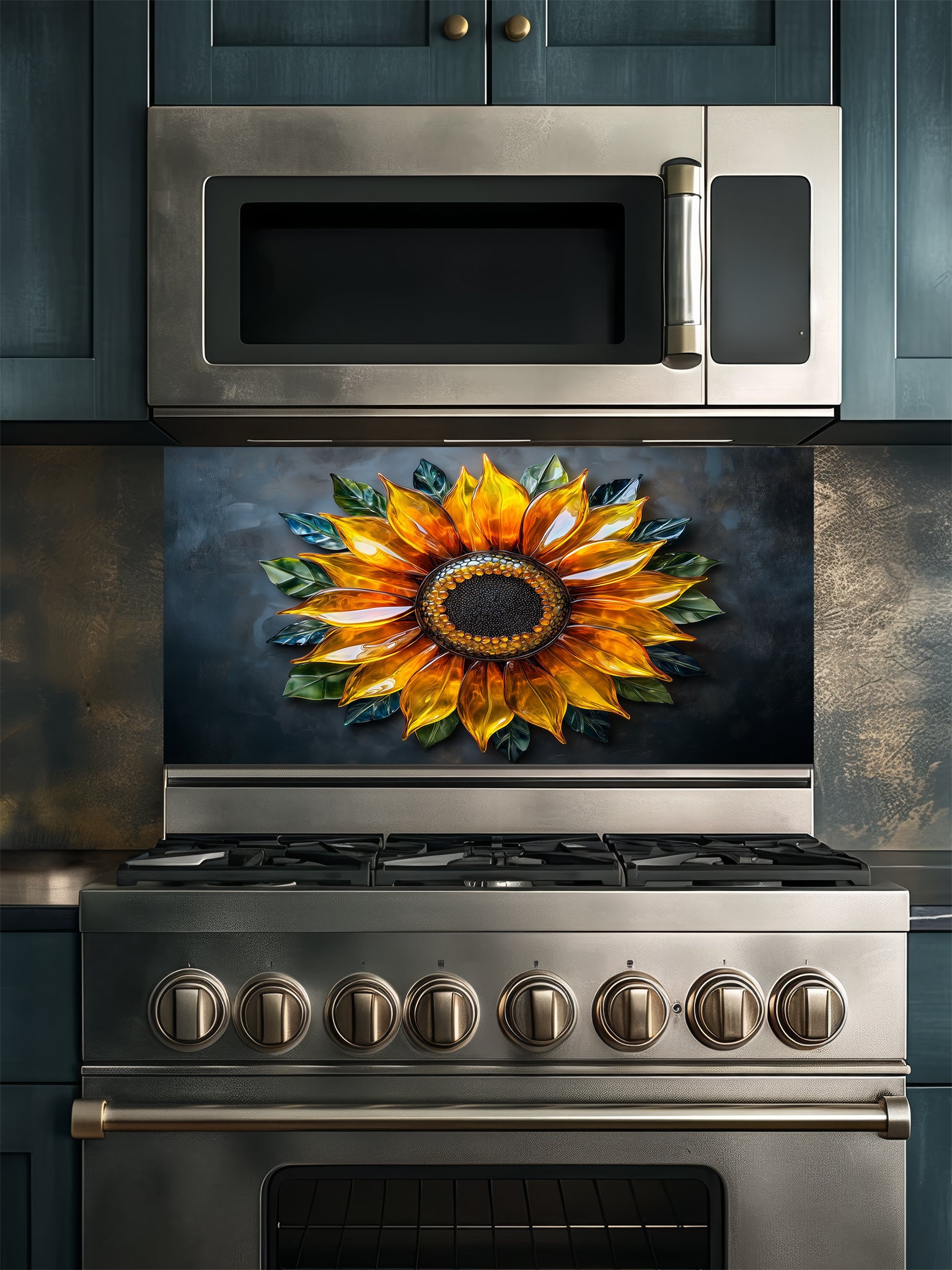 Tempered glass kitchen backsplash featuring a highly realistic 3D illusion of a glowing, translucent blown glass golden sunflower with green leaves against a dramatic dark charcoal background, installed behind a modern stainless steel stove.