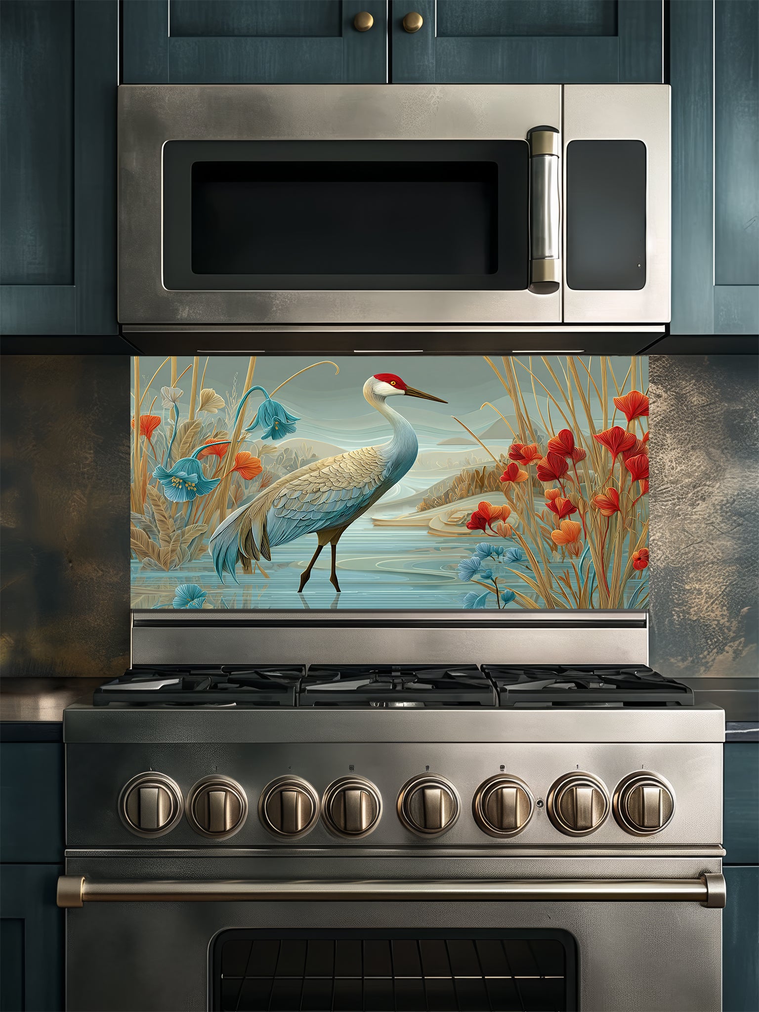 Tempered glass kitchen backsplash featuring a highly realistic illustrative design of a majestic crane standing in water among stylized red poppies and bluebell flowers against a sage green sky, installed behind a modern black stove.
