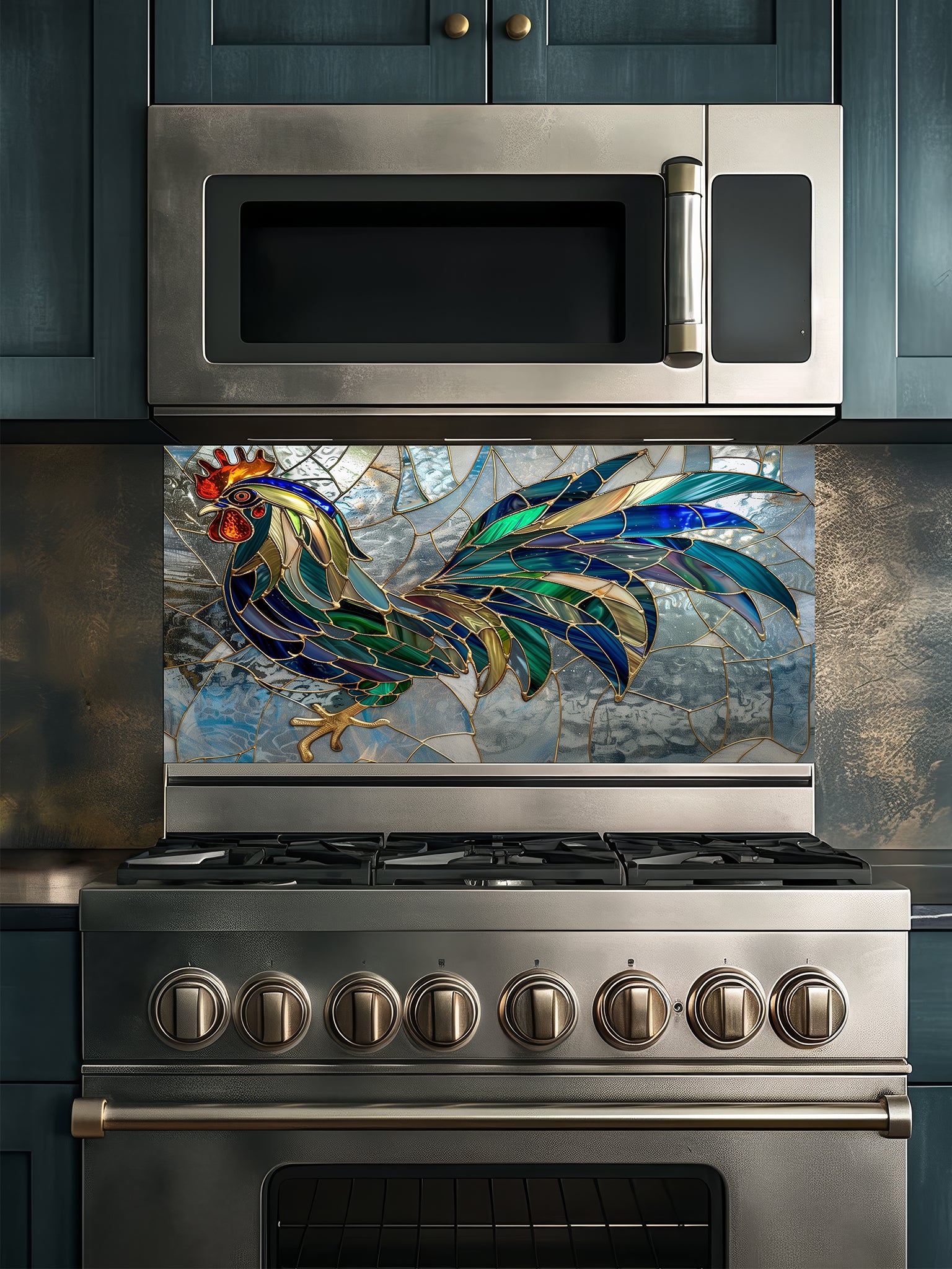 Tempered glass kitchen backsplash featuring a faux stained glass design of a rooster with teal, emerald, and navy feathers and prominent gold outlines, set against an abstract icy blue mosaic background, installed behind a modern stainless steel stove.