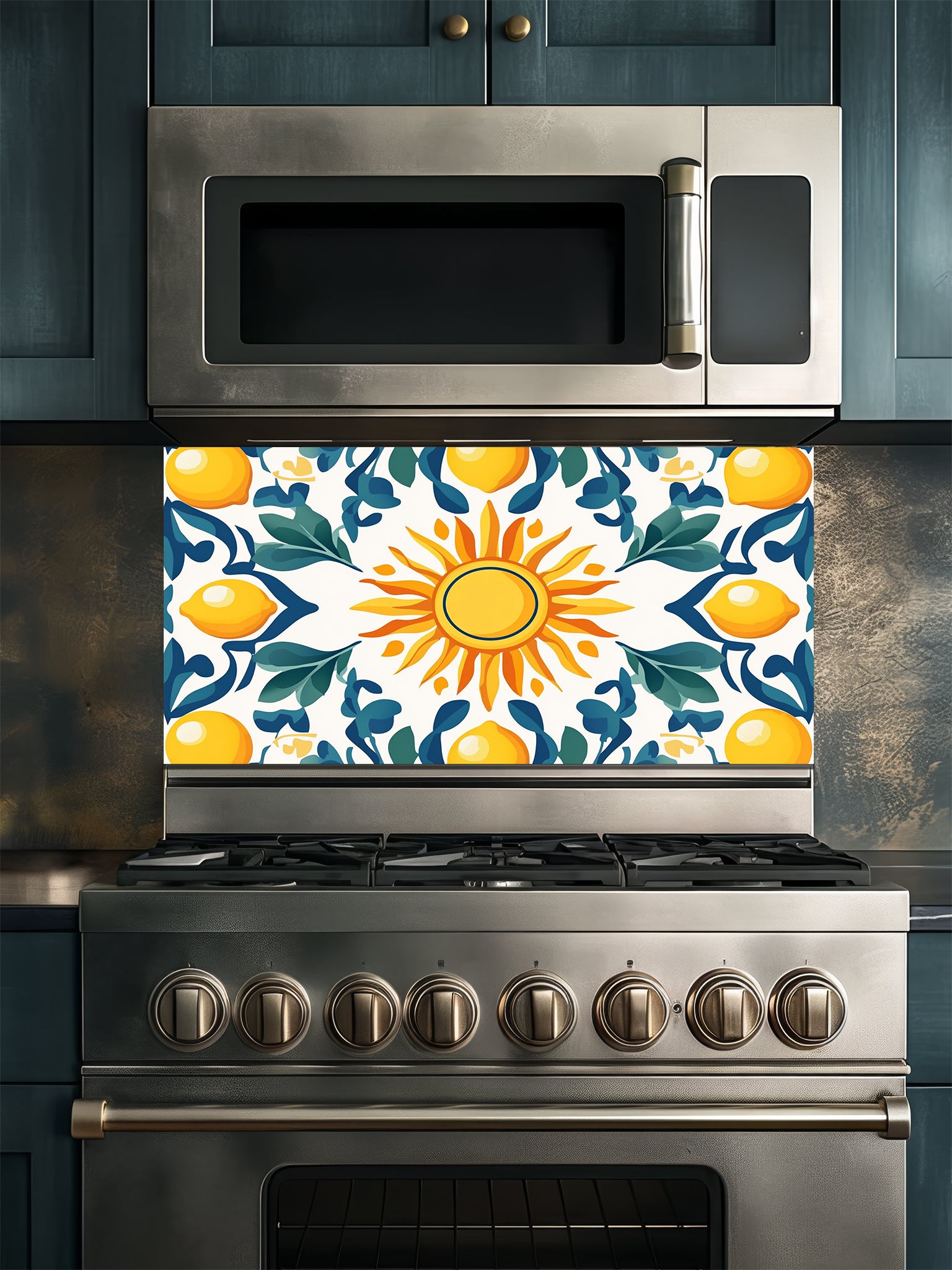 Vibrant Mediterranean Majolica style tile pattern featuring a central sun, yellow lemons, and teal leaves, UV printed on a smooth tempered glass kitchen backsplash.