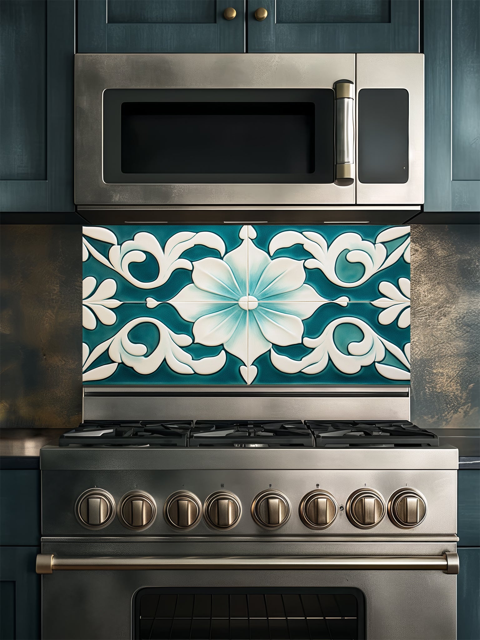 Tempered glass kitchen backsplash featuring a highly realistic illusion of traditional Mediterranean or Talavera tiles, showcasing a large, elegant floral or lotus pattern in deep teal and creamy ivory, installed behind a modern black stove.