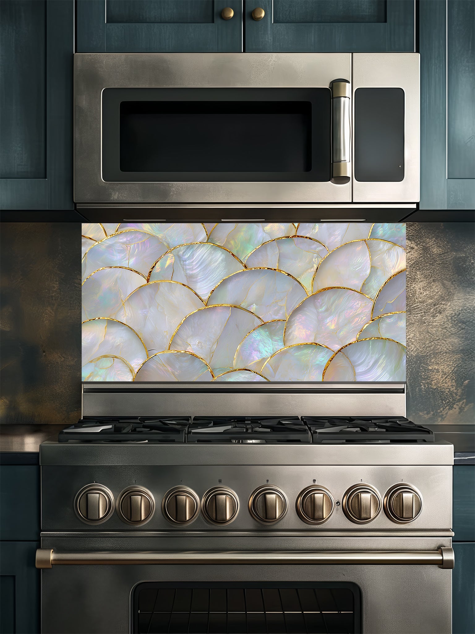 A luxurious kitchen featuring a tempered glass backsplash with an iridescent mother of pearl scallop pattern and gold accents, installed behind a modern stainless steel stove.