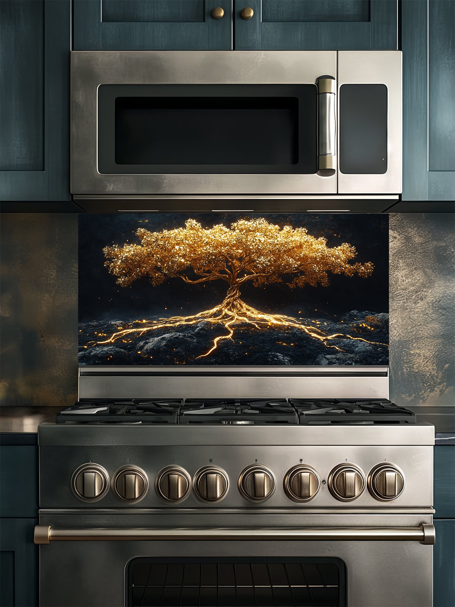 Faux glowing golden tree of life with illuminated roots on a dark mystical background, UV printed on a smooth tempered glass kitchen backsplash.