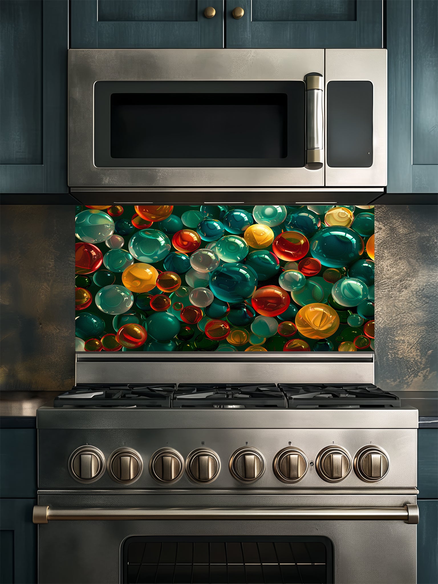 Faux 3D effect colorful translucent glass orbs and bubbles in jewel tones, UV printed on a smooth tempered glass kitchen backsplash, installed behind a modern stove.