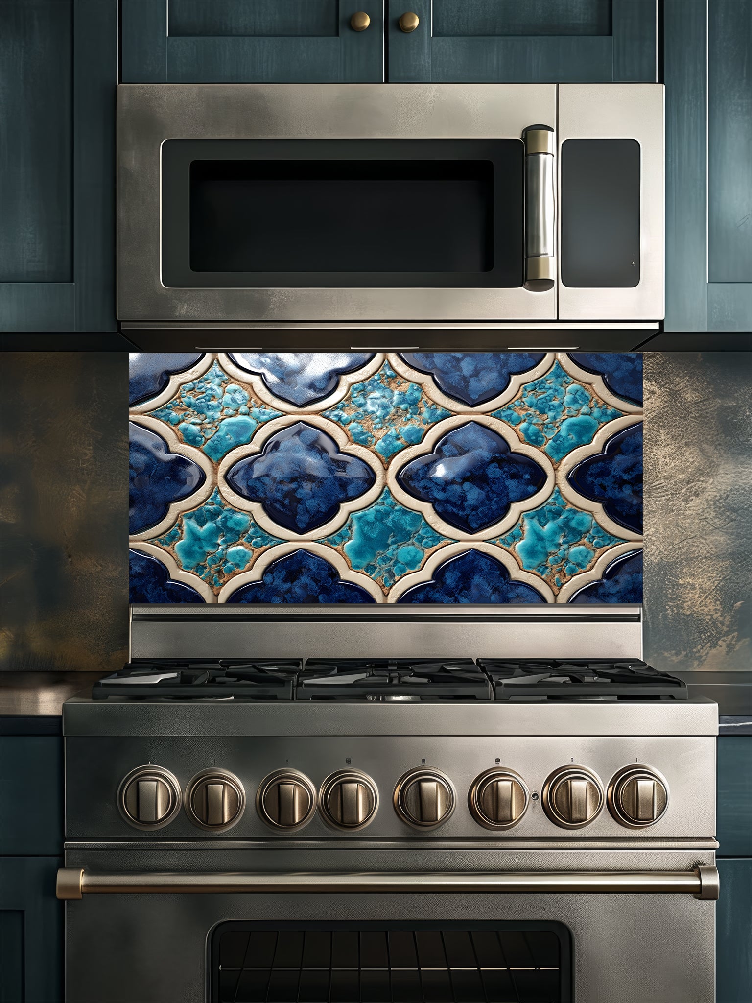 Stainless steel microwave and oven with decorative blue and gold backsplash in a kitchen setting.