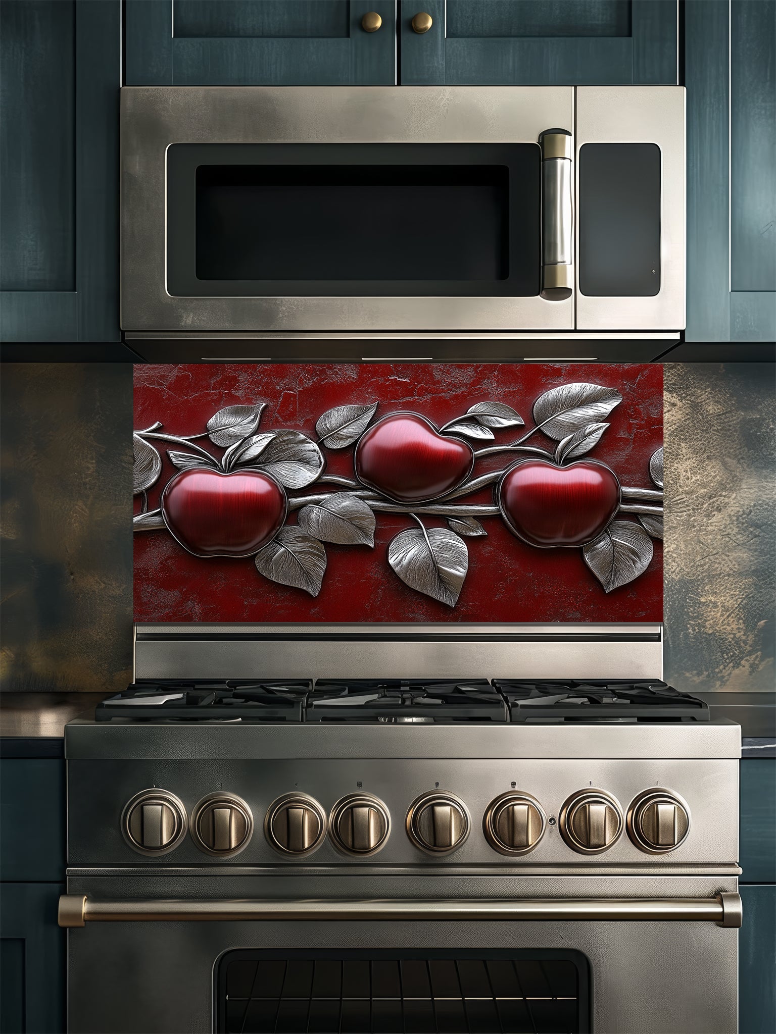 Faux 3D effect glossy red apples and metallic silver leaves on a textured crimson background, UV printed on a smooth tempered glass kitchen backsplash.