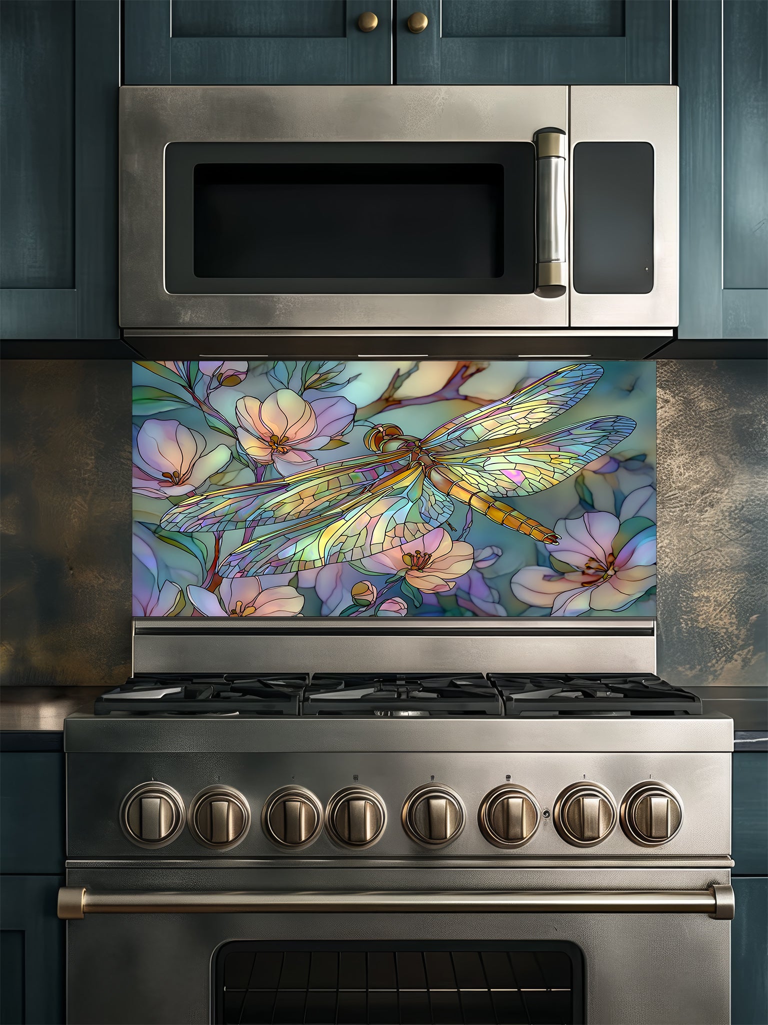 Tempered glass kitchen backsplash featuring a highly realistic 3D illusion of Art Nouveau stained glass showing an elegant dragonfly with iridescent translucent wings resting among soft pastel pink and mint green blooming flowers, installed behind a modern stainless steel stove.
