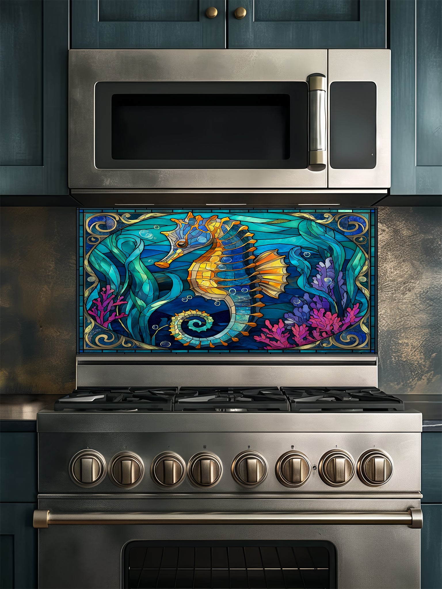 Faux stained glass pattern featuring a vibrant golden seahorse, magenta corals, and swirling turquoise ocean waves, UV printed on a smooth tempered glass kitchen backsplash.