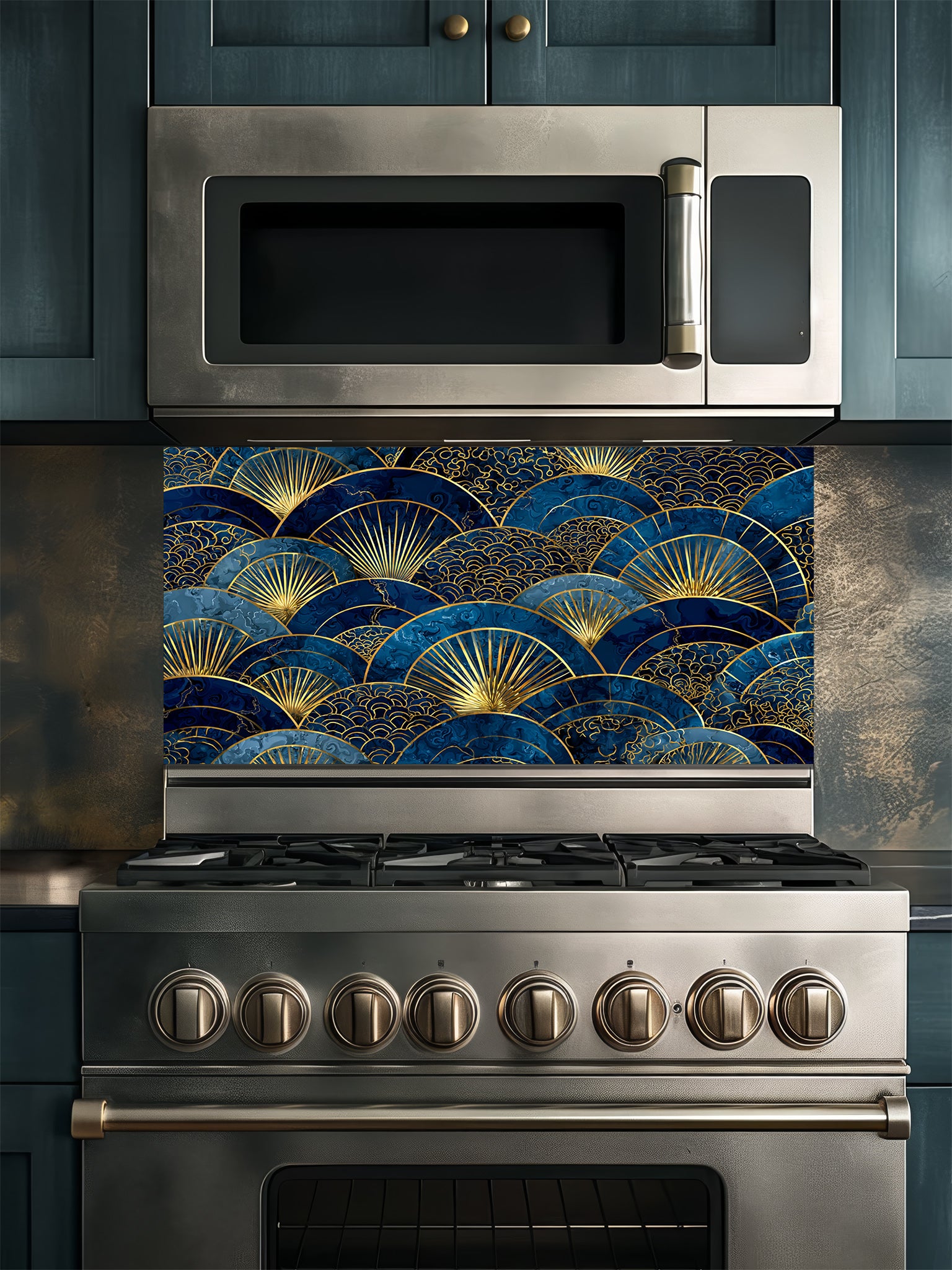 Intricate Japanese Seigaiha wave and Art Deco sunburst fan pattern in deep navy blue and gold, UV printed on a smooth tempered glass kitchen backsplash, installed behind a modern stove.