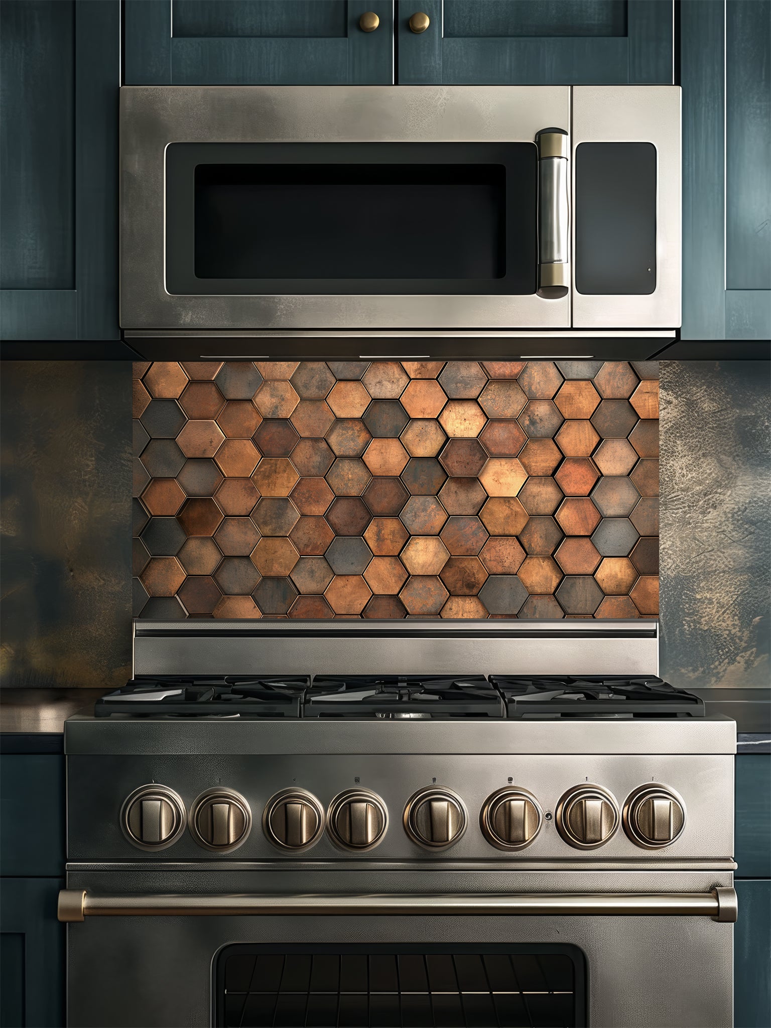 Faux 3D industrial metal hexagon honeycomb tile pattern in rustic copper and bronze tones, UV printed on a smooth tempered glass kitchen backsplash.