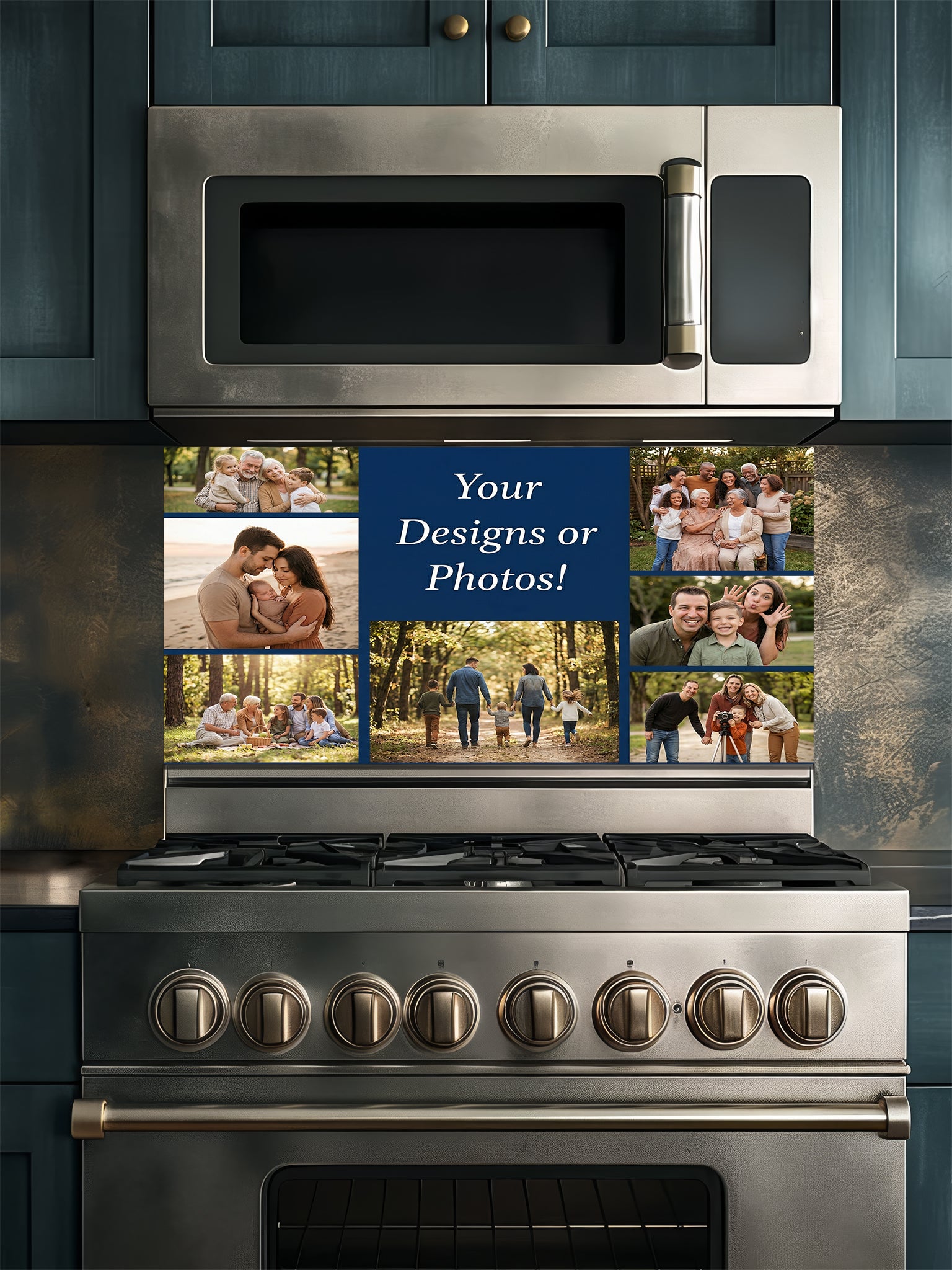 Tempered glass kitchen backsplash showcasing a custom 'Your Photo or Design' mockup featuring a family reading by a fireplace, installed behind a modern stainless steel stove.