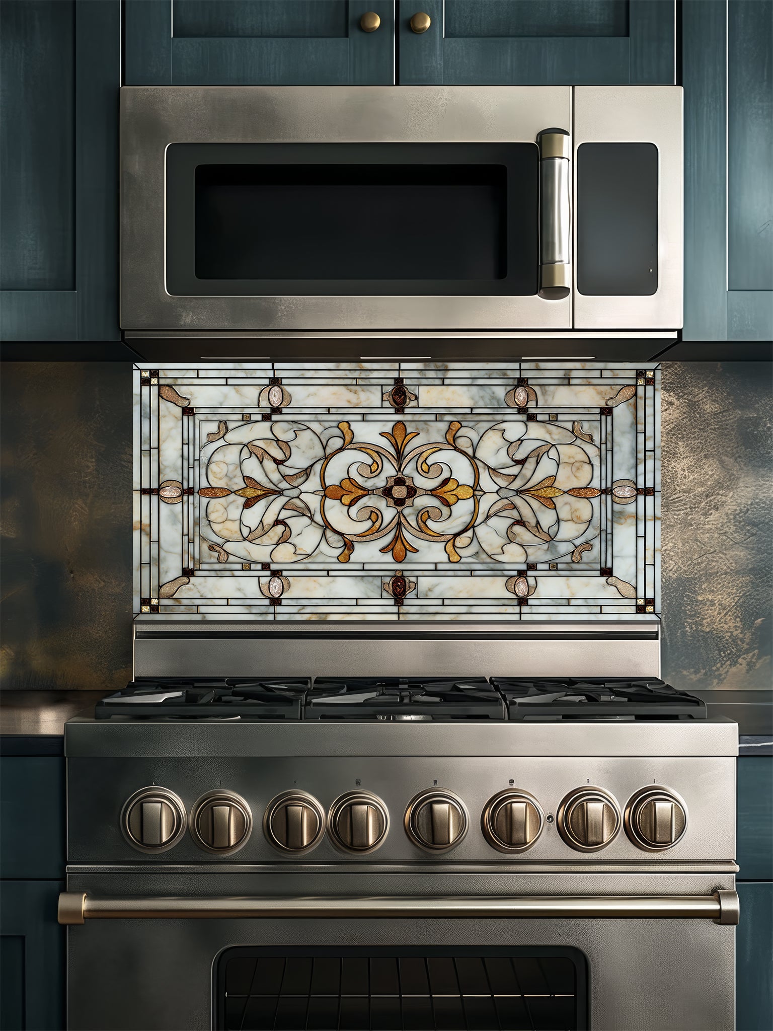 Faux antique leaded stained glass panel featuring elegant symmetrical scrollwork in warm amber and marbled cream tones, UV printed on a smooth tempered glass kitchen backsplash.