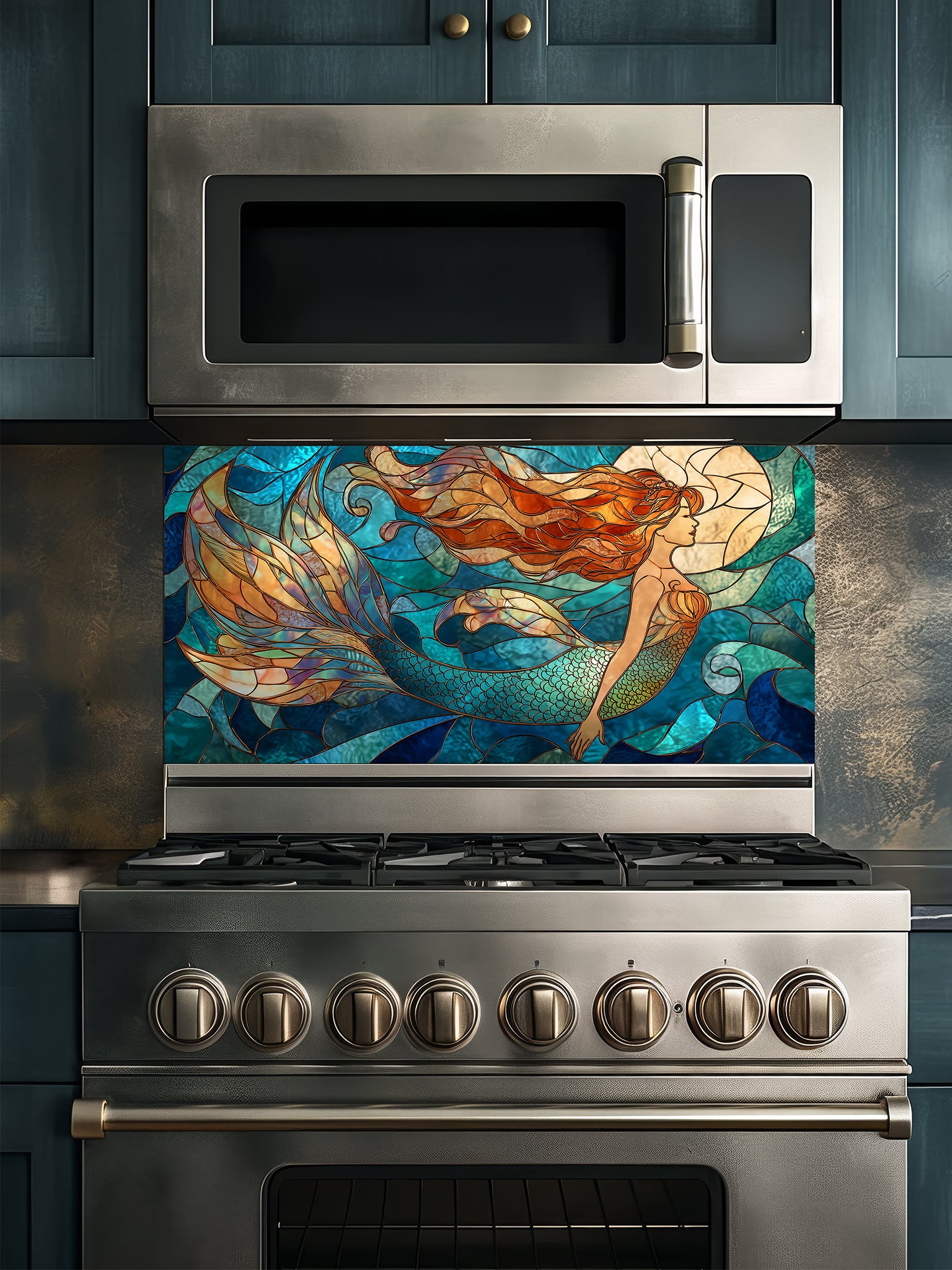 Tempered glass kitchen backsplash featuring a vibrant faux stained glass design of a graceful mermaid with flowing hair swimming in a blue ocean under a glowing moon, installed behind a modern stainless steel stove.