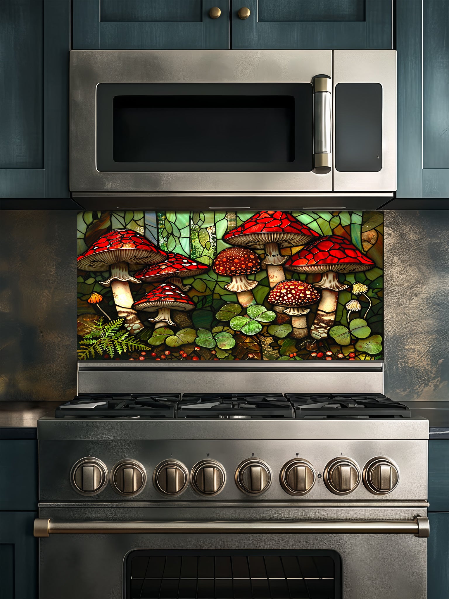 Stained glass style woodland scene with vibrant red mushrooms, ferns, and clovers, UV printed on a smooth tempered glass kitchen backsplash, installed behind a modern stove.