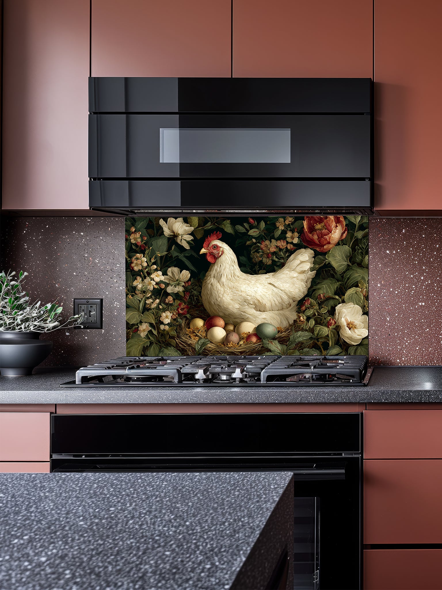 Tempered glass kitchen backsplash featuring a vintage dark moody floral design with a white hen sitting on a nest of colorful eggs, installed behind a modern stainless steel stove.