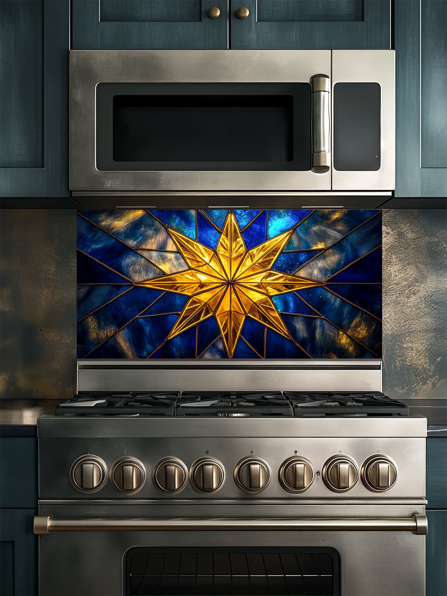 Tempered glass kitchen backsplash featuring a highly realistic 3D illusion of stained glass art showing a brilliant, glowing golden starburst or compass rose radiating against a deep sapphire blue background with faux gold lead lines, installed behind a modern stainless steel stove.