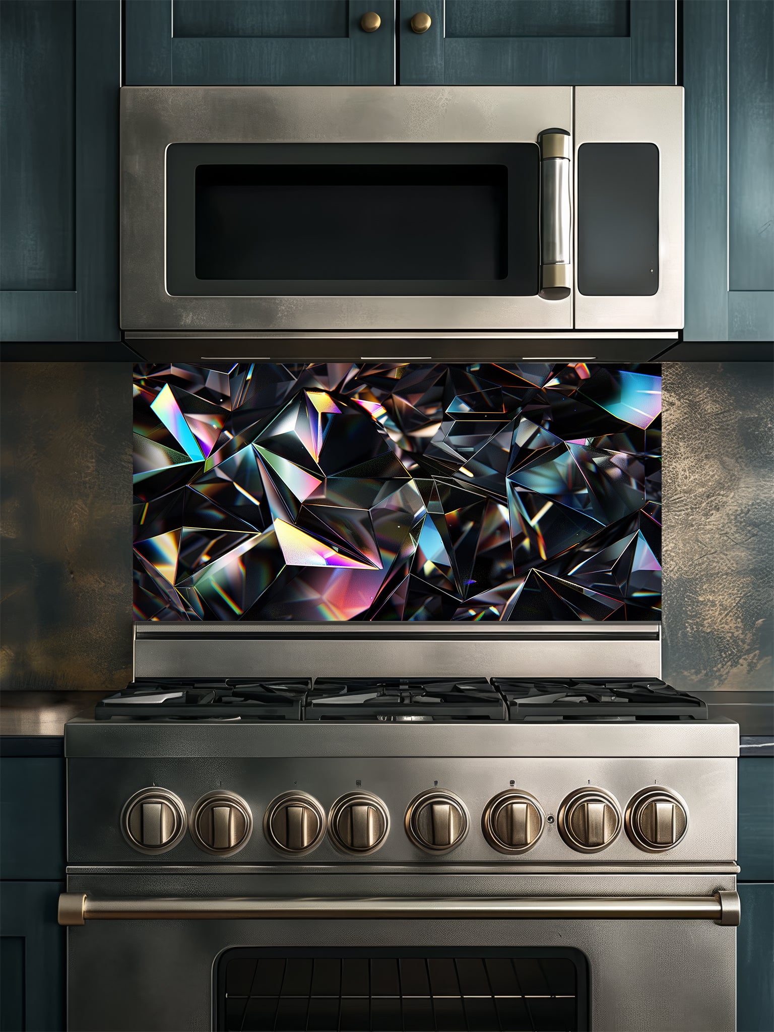 Faux 3D effect dark geometric crystal facets with iridescent rainbow edges, UV printed on a smooth tempered glass kitchen backsplash, installed behind a modern stove.