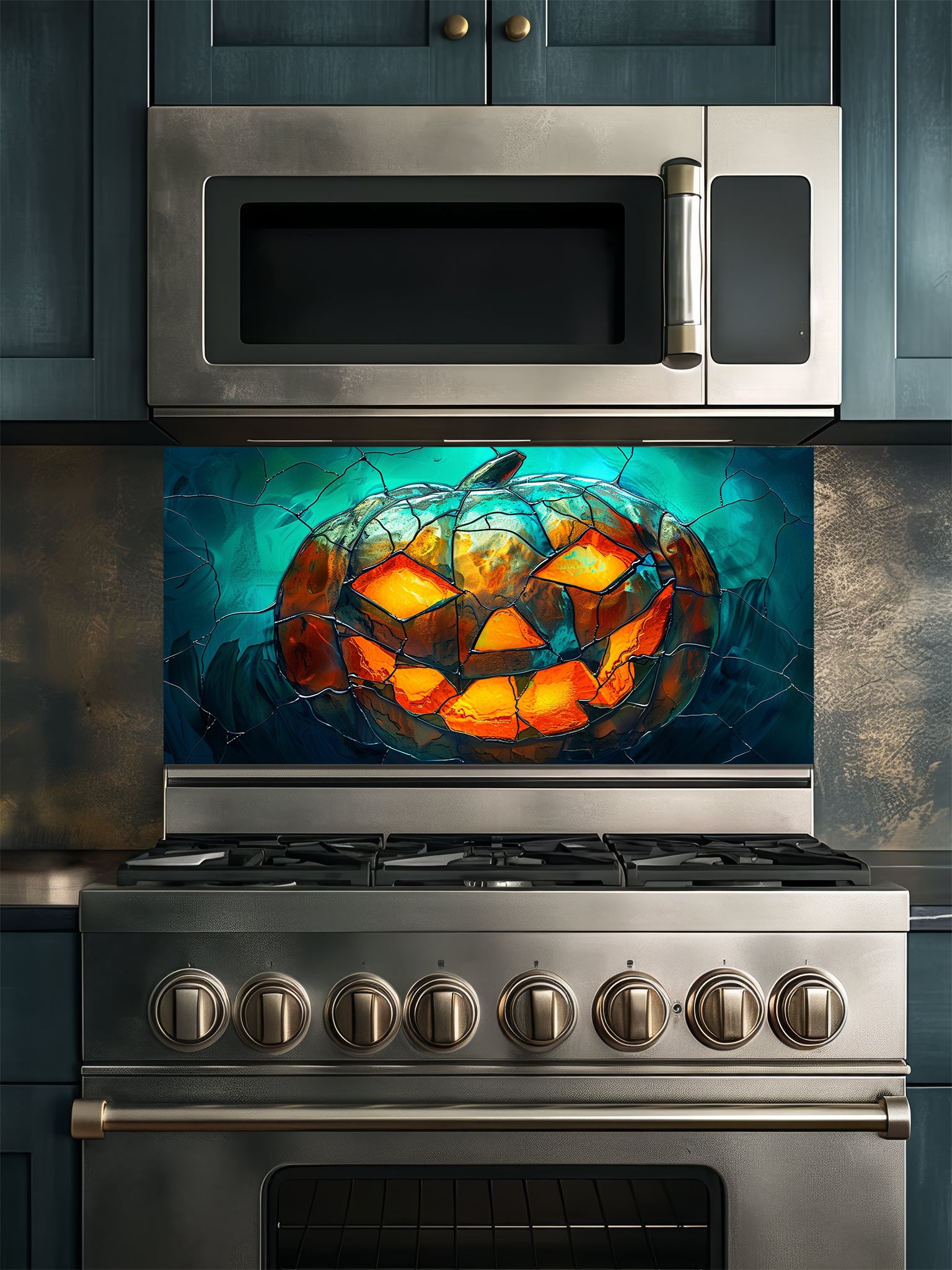 Tempered glass kitchen backsplash featuring a highly realistic 3D illusion of stained glass art showing a spooky Jack-o'-lantern pumpkin with glowing fiery orange eyes and mouth against a dark teal cracked glass background, installed behind a modern black stove.