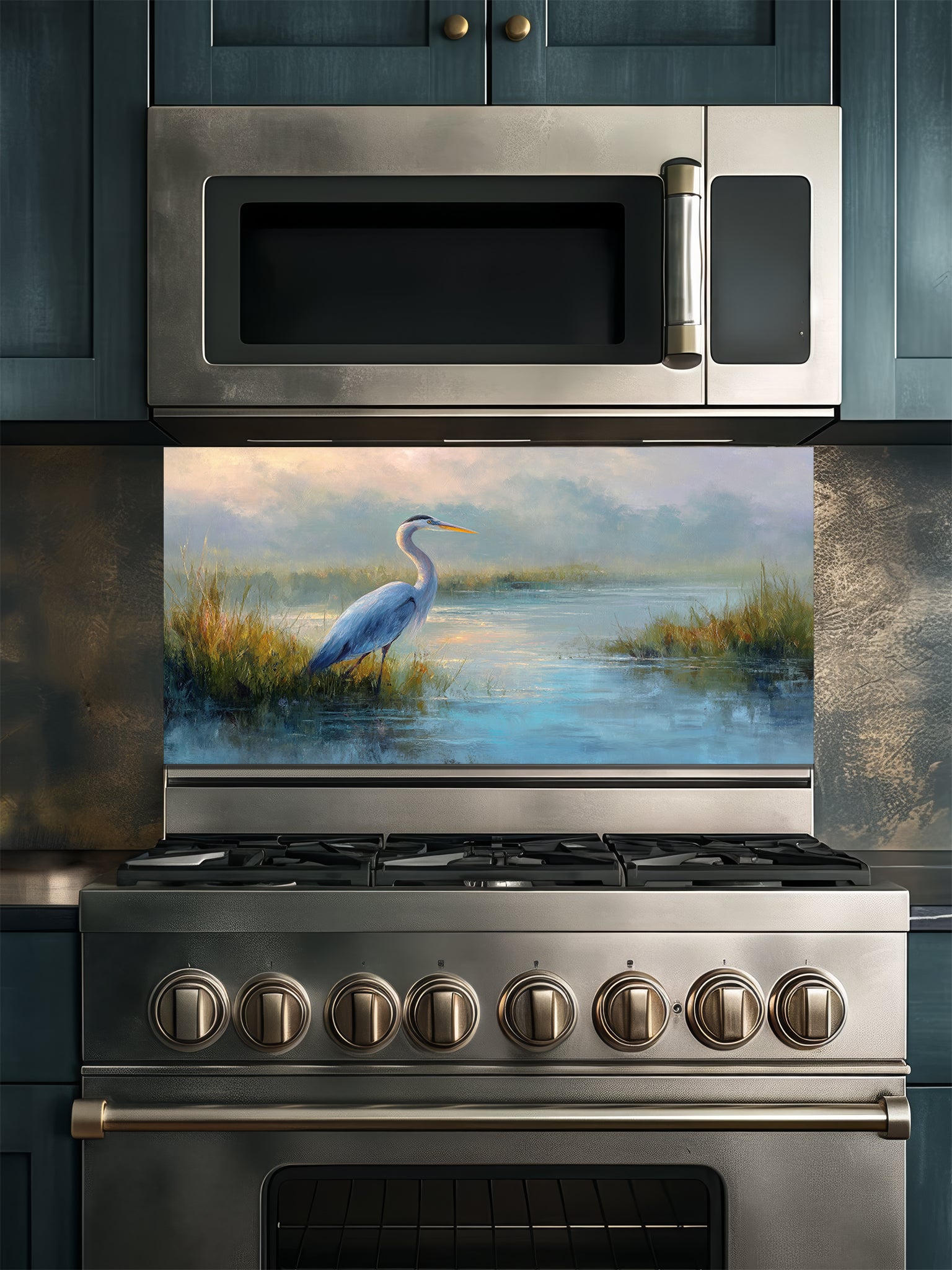 Fine art style oil painting of a blue heron standing in a misty wetland marsh, UV printed on a smooth tempered glass kitchen backsplash.